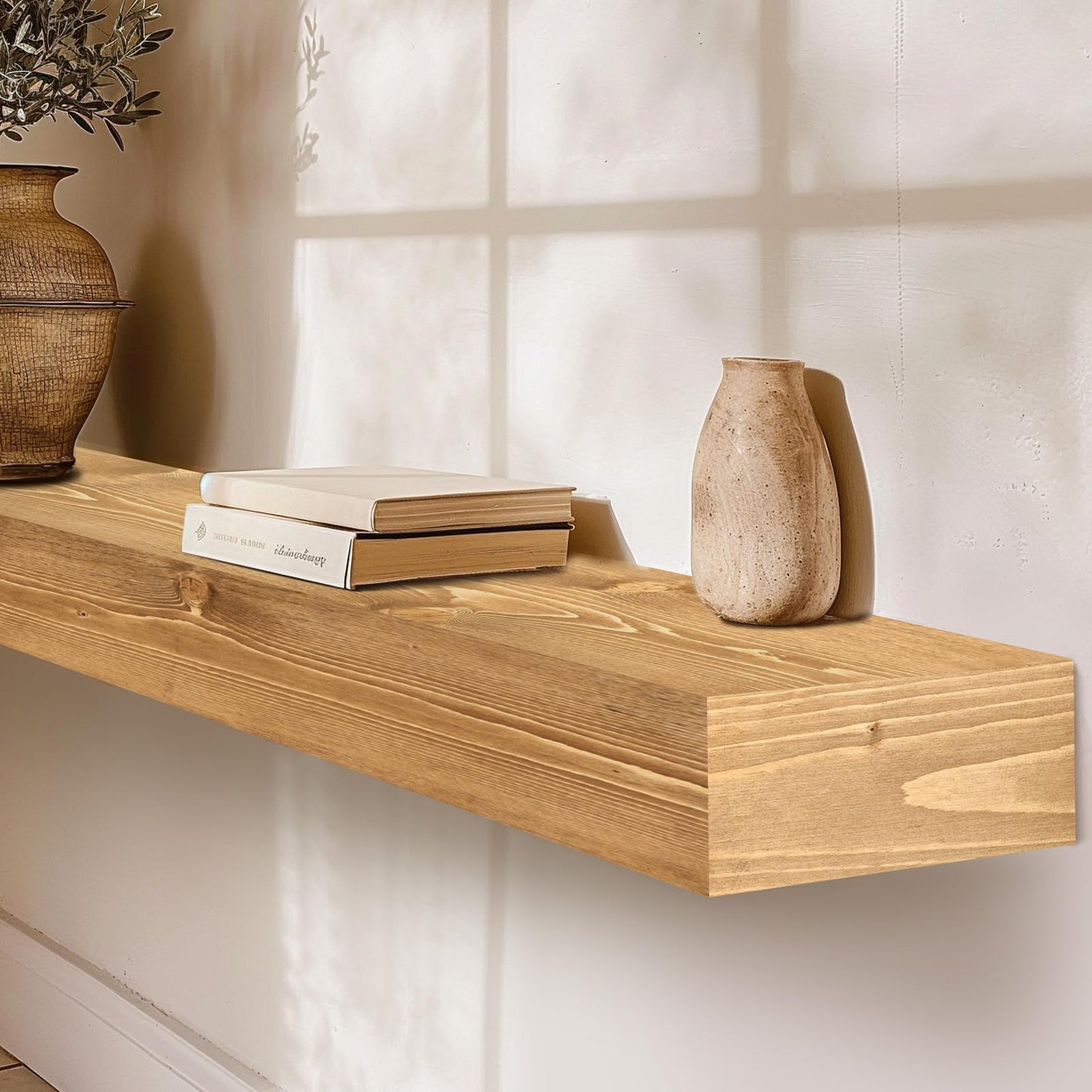 YLYHSST Fireplace Mantel Handmade, 3'' Thick Wall Decor Long Floating Shelf, 48inch Rustic Wood Shelf with Invisible Brackets, Wood Color