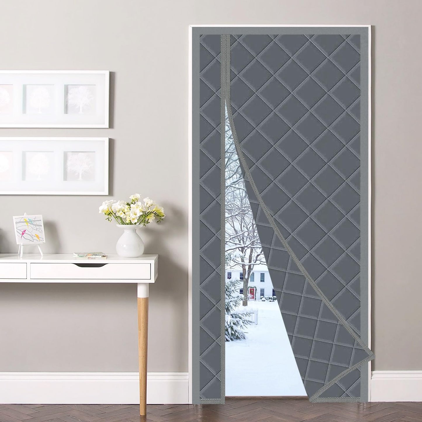 Magnetic Thermal Insulated Door Curtain, 30 x 80 Inch Winter Door Cover Curtain Size 34 x 82 Waterproof Thick Insulation Blanket, Side Opening, Gray