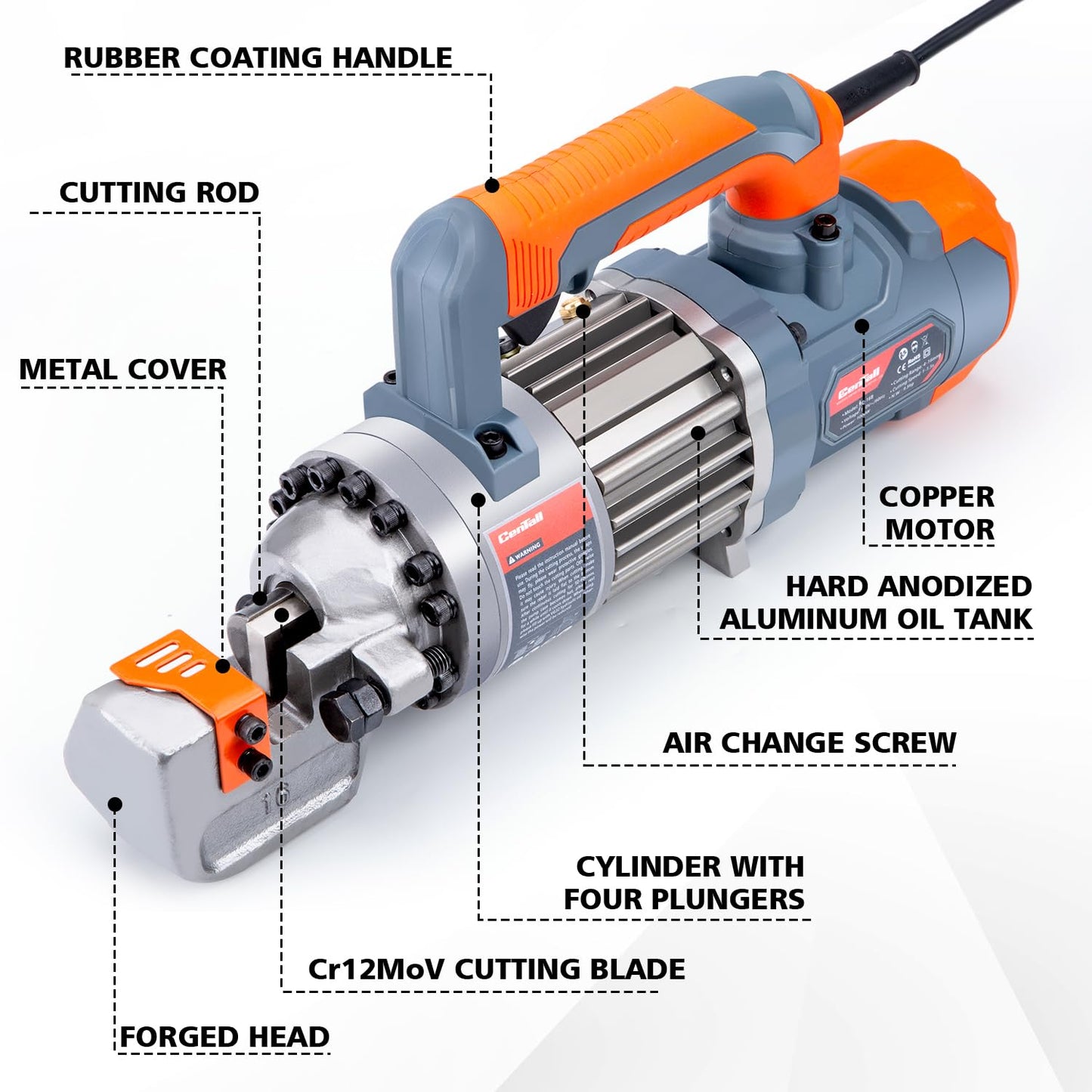 CENTALL 5/8 Inch Electric Hydraulic Rebar Cutter, Portable Rebar Cutter, Cutting up to 4-16mm #5 Rebar, Cutting Speed 1-1.5S 1000W RC16B (Grey + Orange)