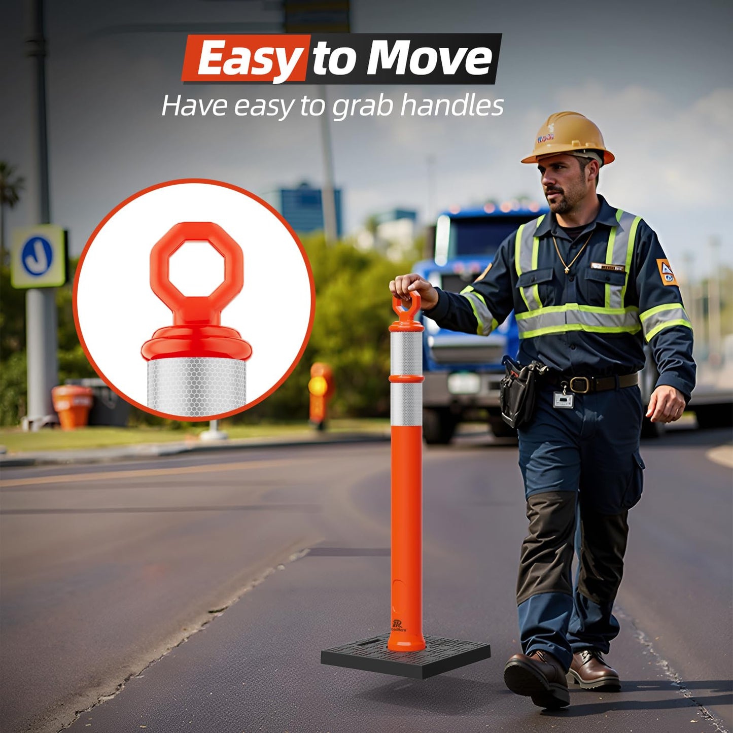 RoadHero 42 Inch Delineator Post with Base, Portable Orange Traffic Delineator Posts Cones with Reflective Collars for Parking Lots, Road Safety, Construction Events (6 Pack)