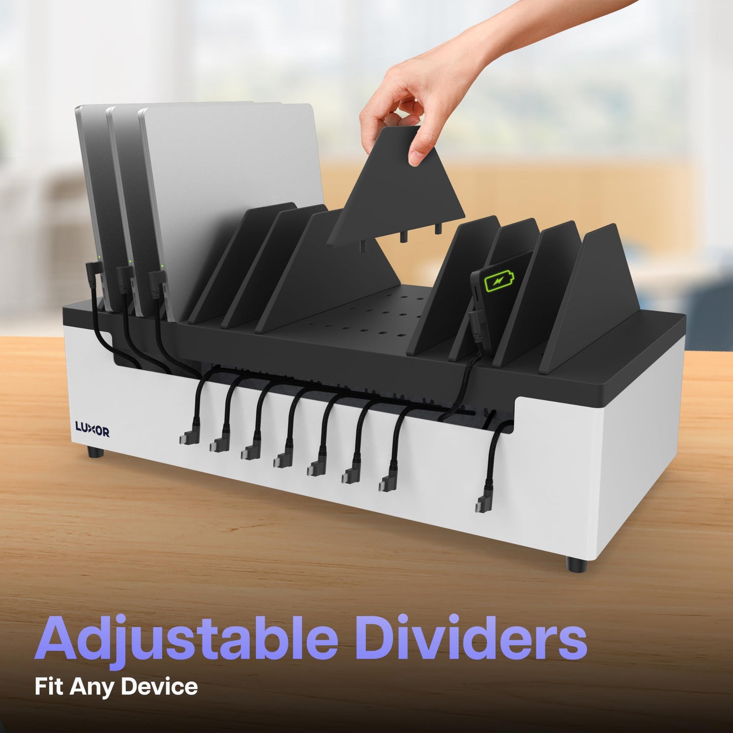 Line Leader 12-Device Open Charging Station | Compact Desktop Charger for Laptops, Tablets, & Chromebooks | Space-Saving Design with Adjustable Dividers & UL Safety-Certified Power Strip