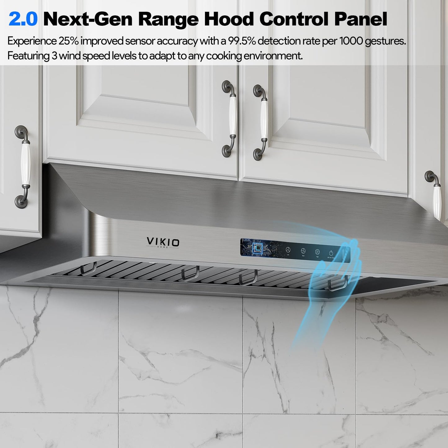 VIKIO HOME Range Hood 30 Inch Under Cabinet, Kitchen Hood with 980 CFM, 3-Speed Gesture Sensing & Touch Control Panel, Stainless Steel Vent 2 Pcs Baffle Filters with Handlebar, Ducted, LED light