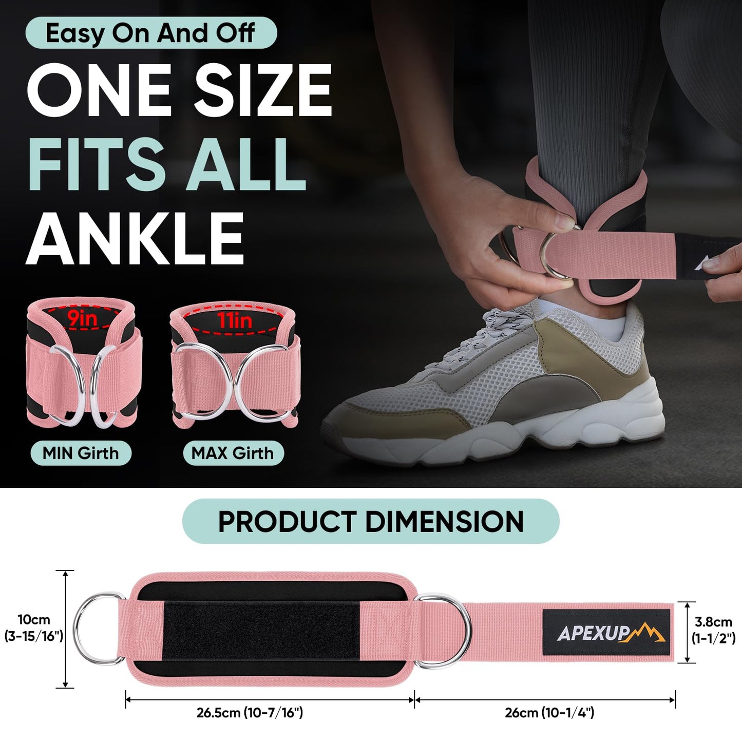 APEXUP Ankle Strap for Cable Machine, Ankle Resistance Bands, Cable Kick Back Straps for Gym, Glute Workouts, Leg Extensions, Adjustable Straps with Neoprene Padding (Single, Black+Pink)