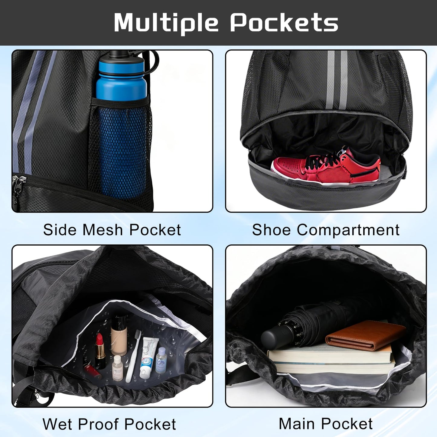 YEVOPOU Sports Drawstring Backpack with Shoes Compartment, String Gym Bag with Wet Proof Pocket for Basketball, Soccer, Swim, Black Sport Bag for Men and Women