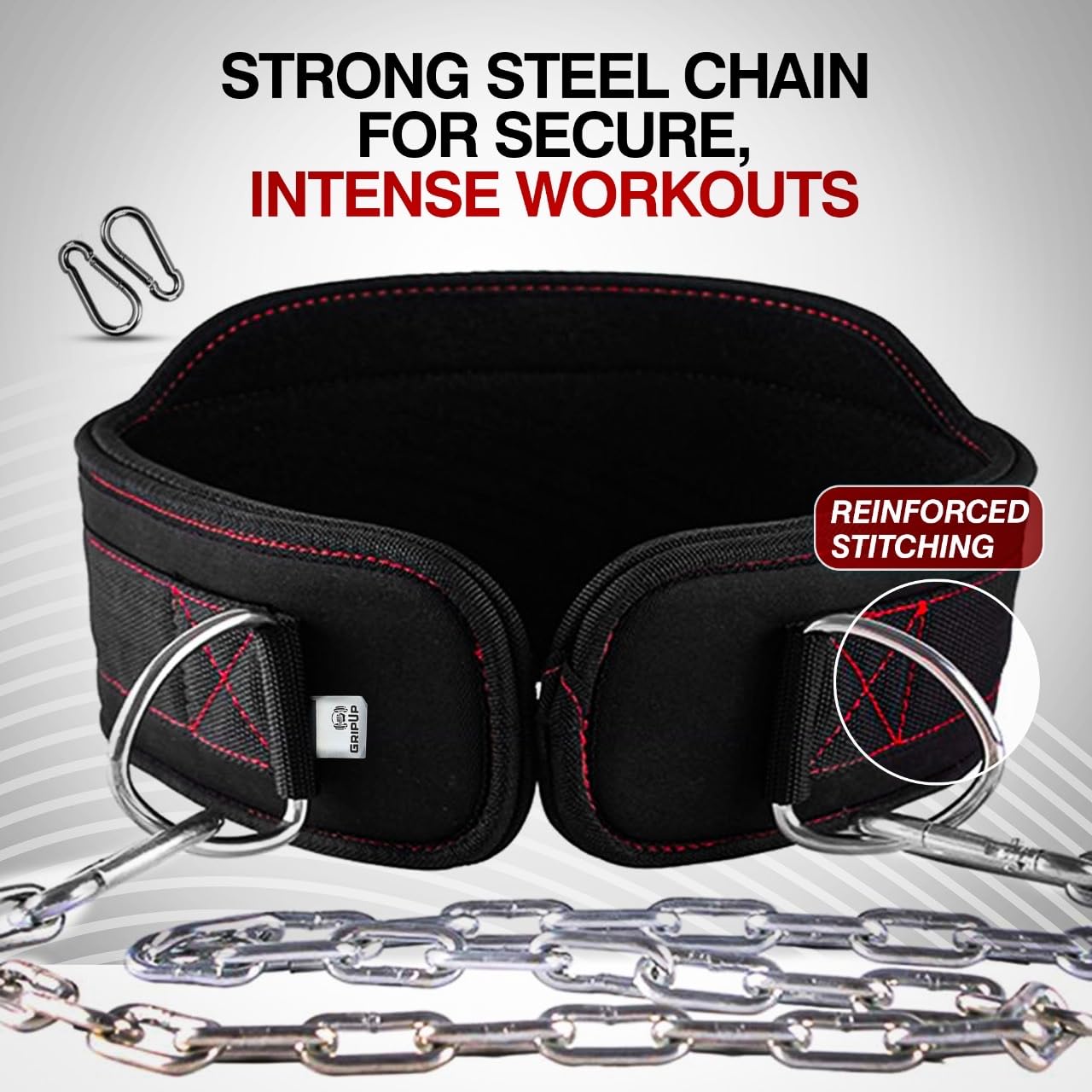 GripUp Premium Dip Belt with Chain for Weightlifting – Heavy Duty Adjustable Chain with Neoprene Padding for Pull Ups, Gym Belt for Powerlifting, Squat, Bodybuilding & Strength Training (One Size)