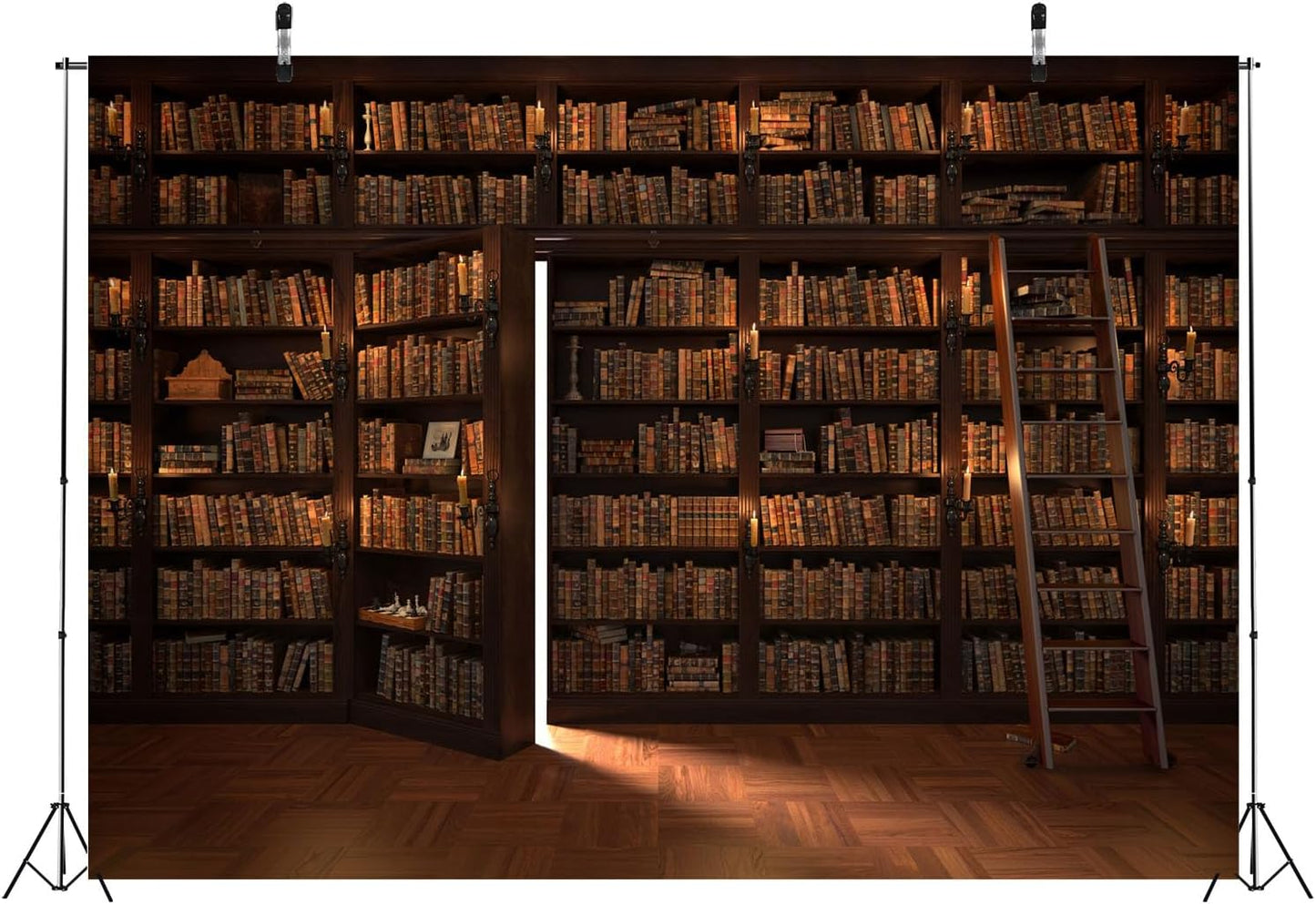 BELECO 5x3ft Fabric Mysterious Magic Library Backdrop Vintage Wooden Bookshelf Old Books Candles Stairs Book Stacks
