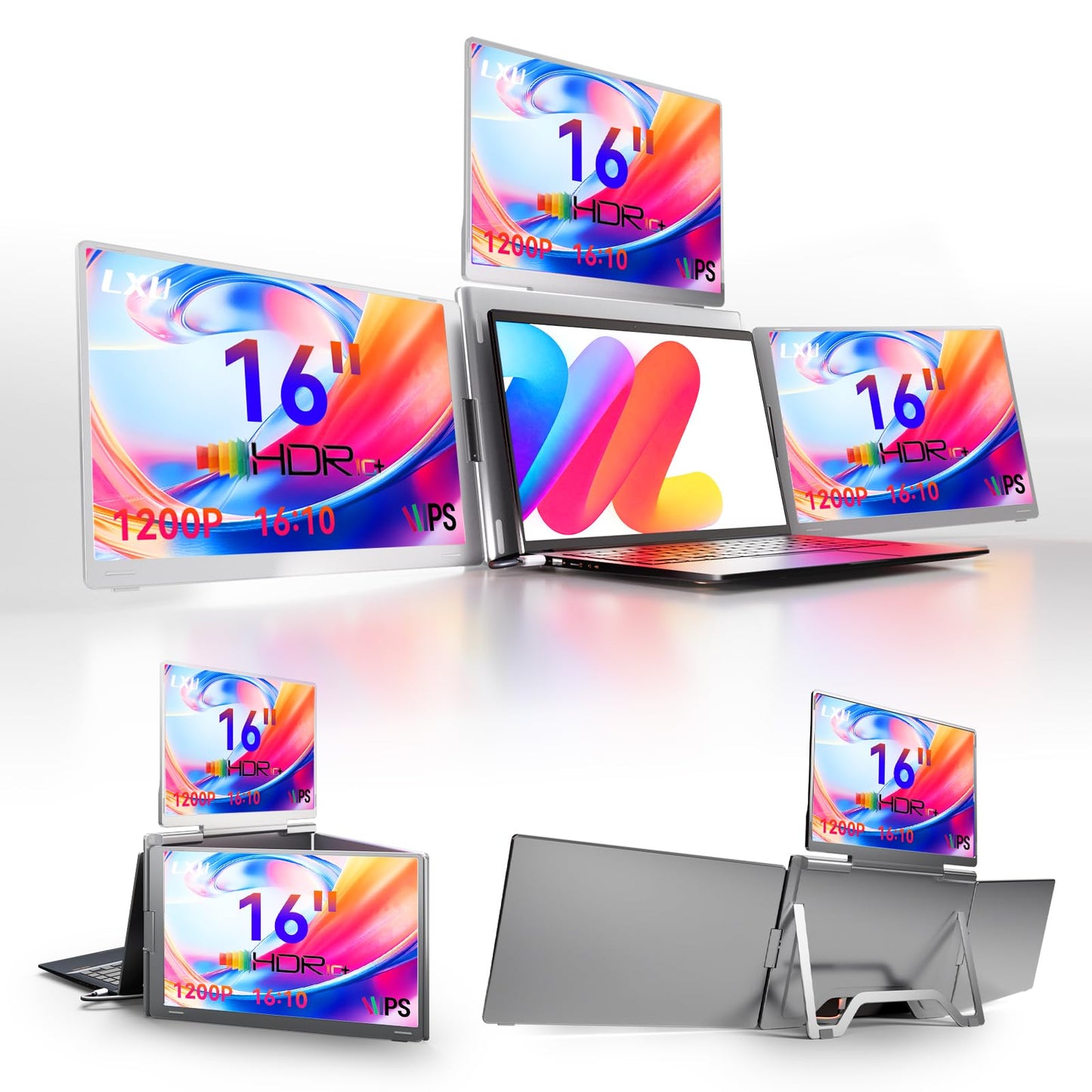 LXU 16" Quad Laptop Screen Extender, 1 Cable for 4 Screens(Quad Monitor), 1200P WUXGA Portable Triple Monitor for Laptops 13~18.5", Auto Sensing Top Screen with Metal Kickstand, Driver Needed, S788