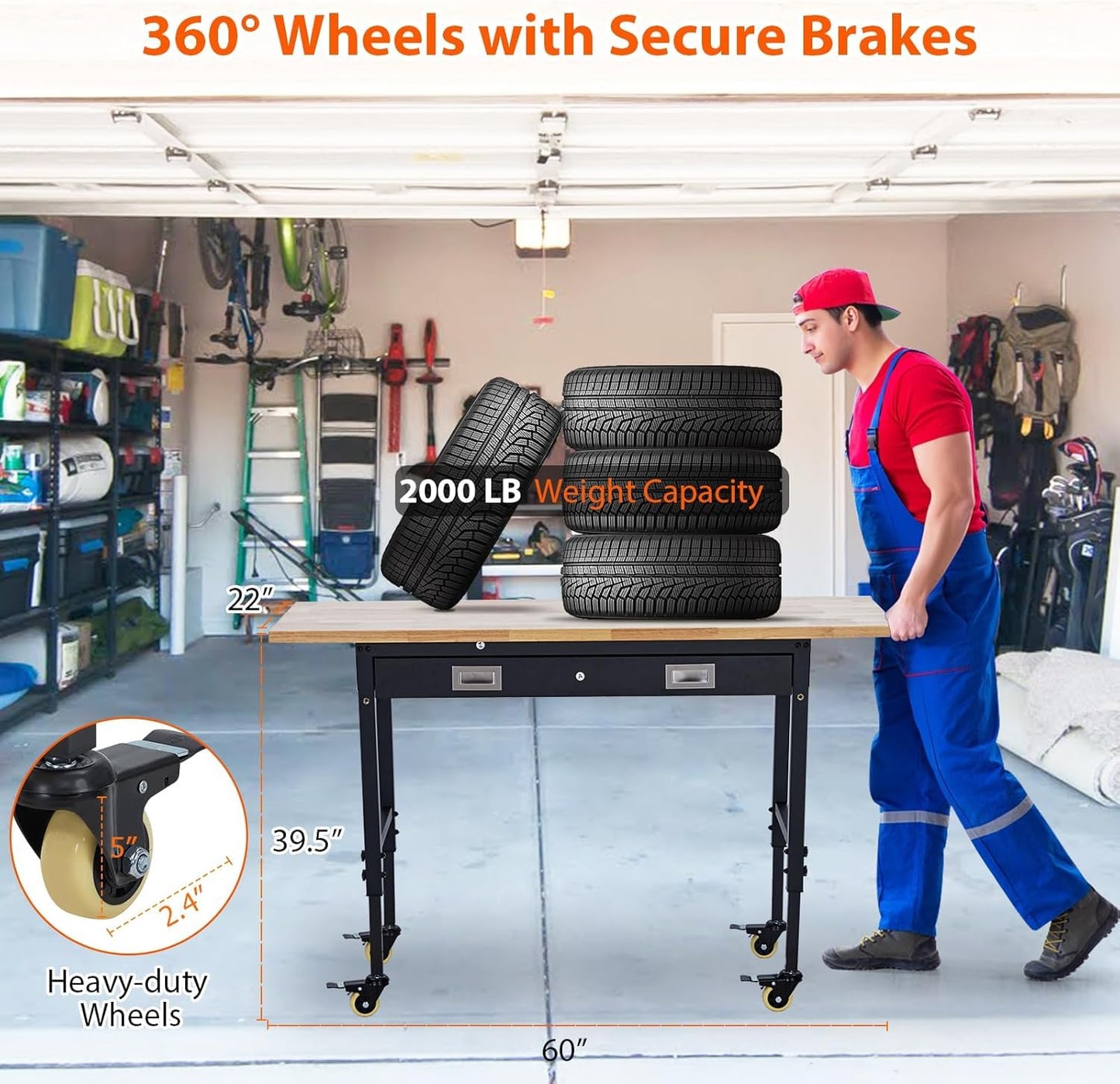 60 x 22 Workbench, Heavy Duty Adjustable Height Worktable with Rubber Wood Top, 2000 LBS Load Capacity, Tool Storage Station with Drawer, Power Outlets and Lockable Wheels, for Warehouse