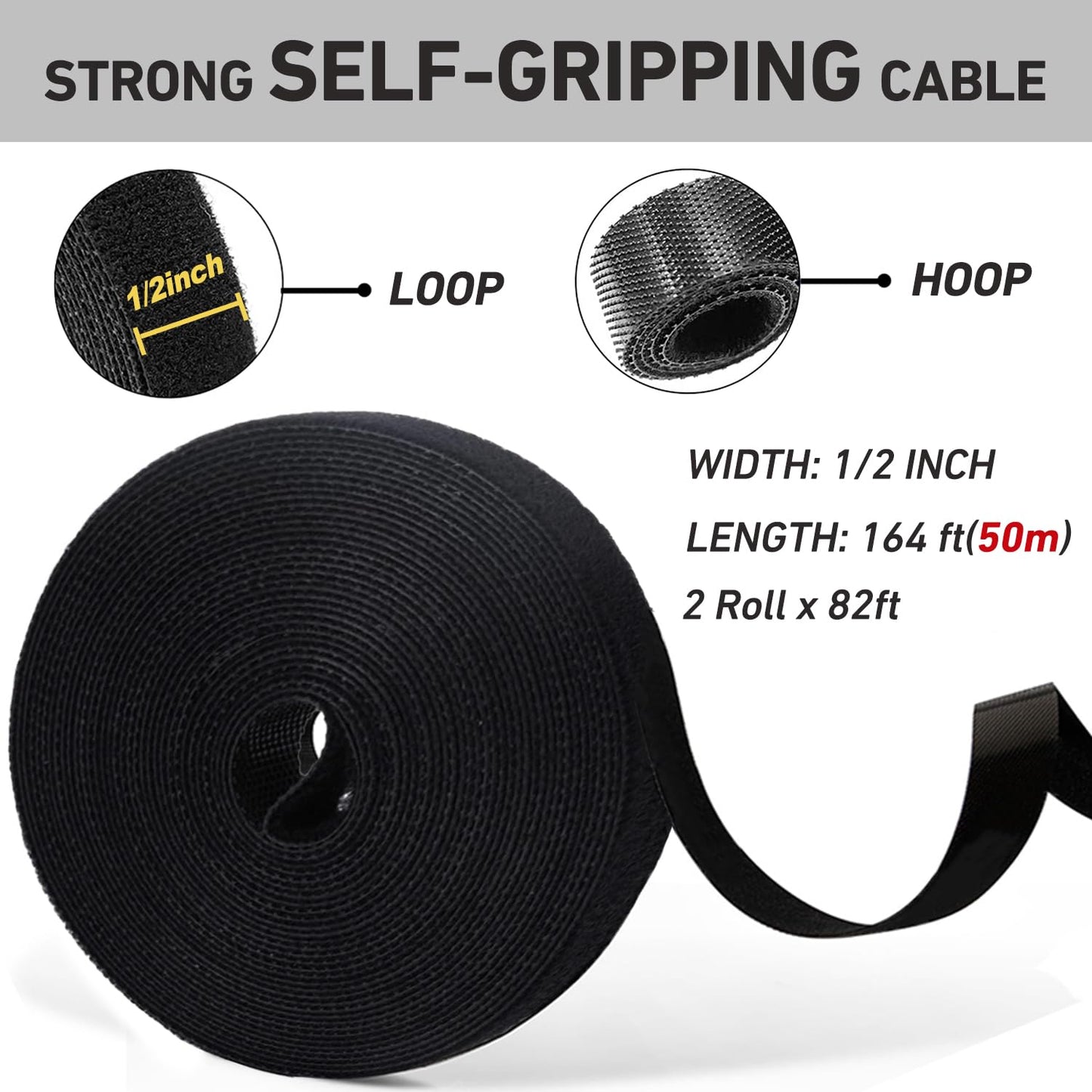 164ft x 1/2 inch Reusable Fastening Cable Ties, Hitotsu Hook and Loop Roll, Self-Gripping Bundling Strips for Cord Manage,Home, Office, Electrical Cords, Data Center, Host Room, Black, 2 Roll