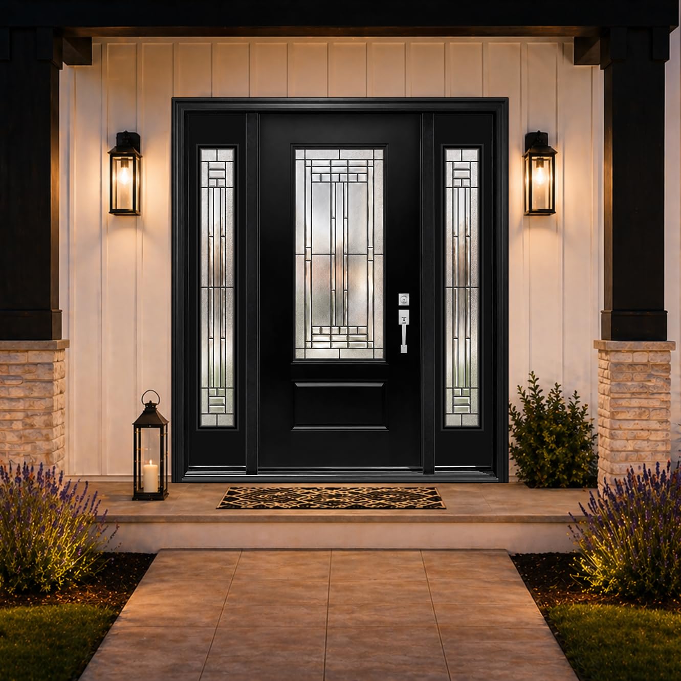 Fiberglass Front Door with Double Sidelights - 68" x 80", Single Exterior Entry Door with Decorative Glass and 14in Sidelights, Left Hand Inswing, Black Knock-Down Door, Brickmould and Jamb Included