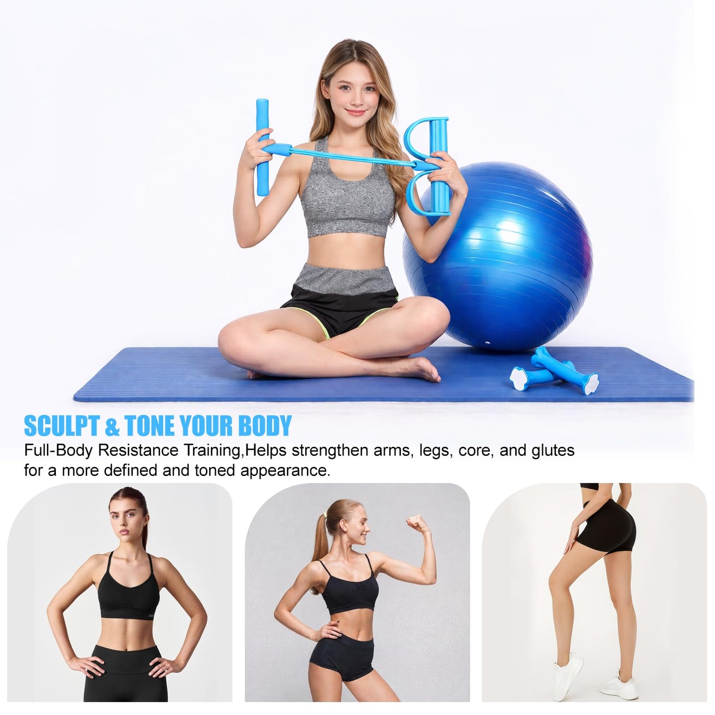 8-Tube Pedal Resistance Band with Handles, Multifunctional Pedal Resistance Band Made of Natural Rubber, Fashion Puller Exercise Equipment for Full Body Strength, Toning & Stretching(Blue)