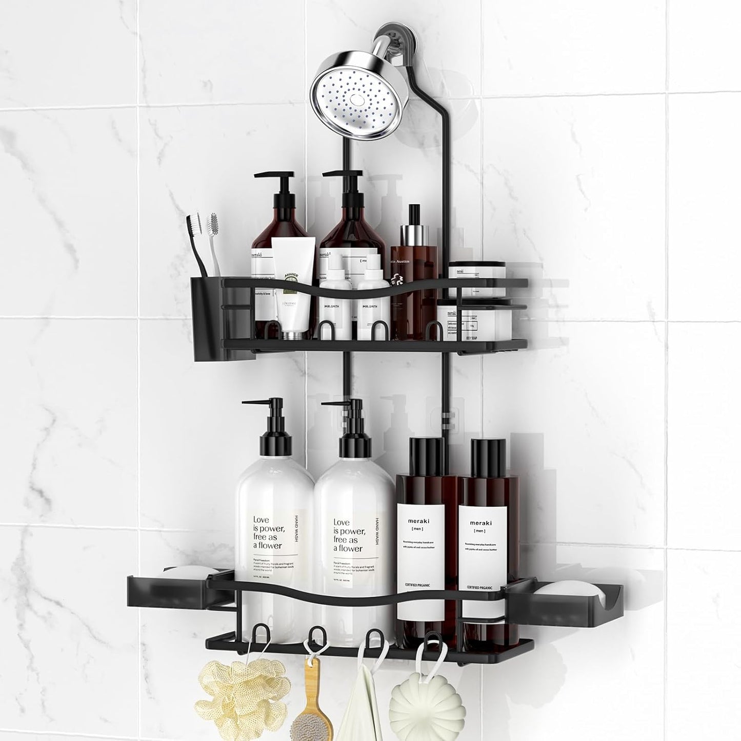 Reinhardt Rustproof Shower Caddy - Anti-Swing Organizer with Soap Holder & Hooks | Black