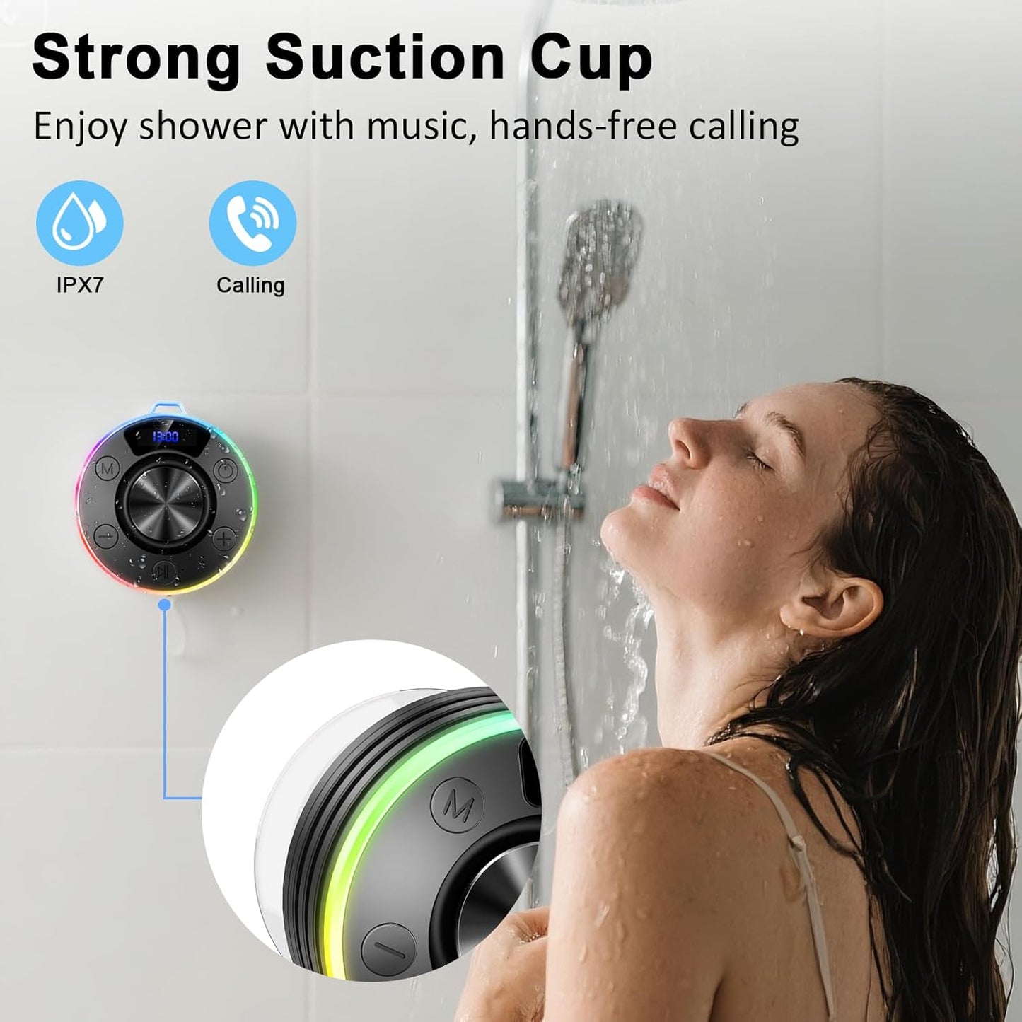 Dyurwa IPX7 Speakers Bluetooth Wireless, Shower Speaker with Lights, Waterproof Bluetooth Speakers with Suction Cup