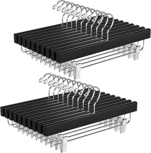 BAGAIL 20 Pack Wooden Pants Hangers - Adjustable Clips & 360° Swivel Hook for Space Saving (Black)
