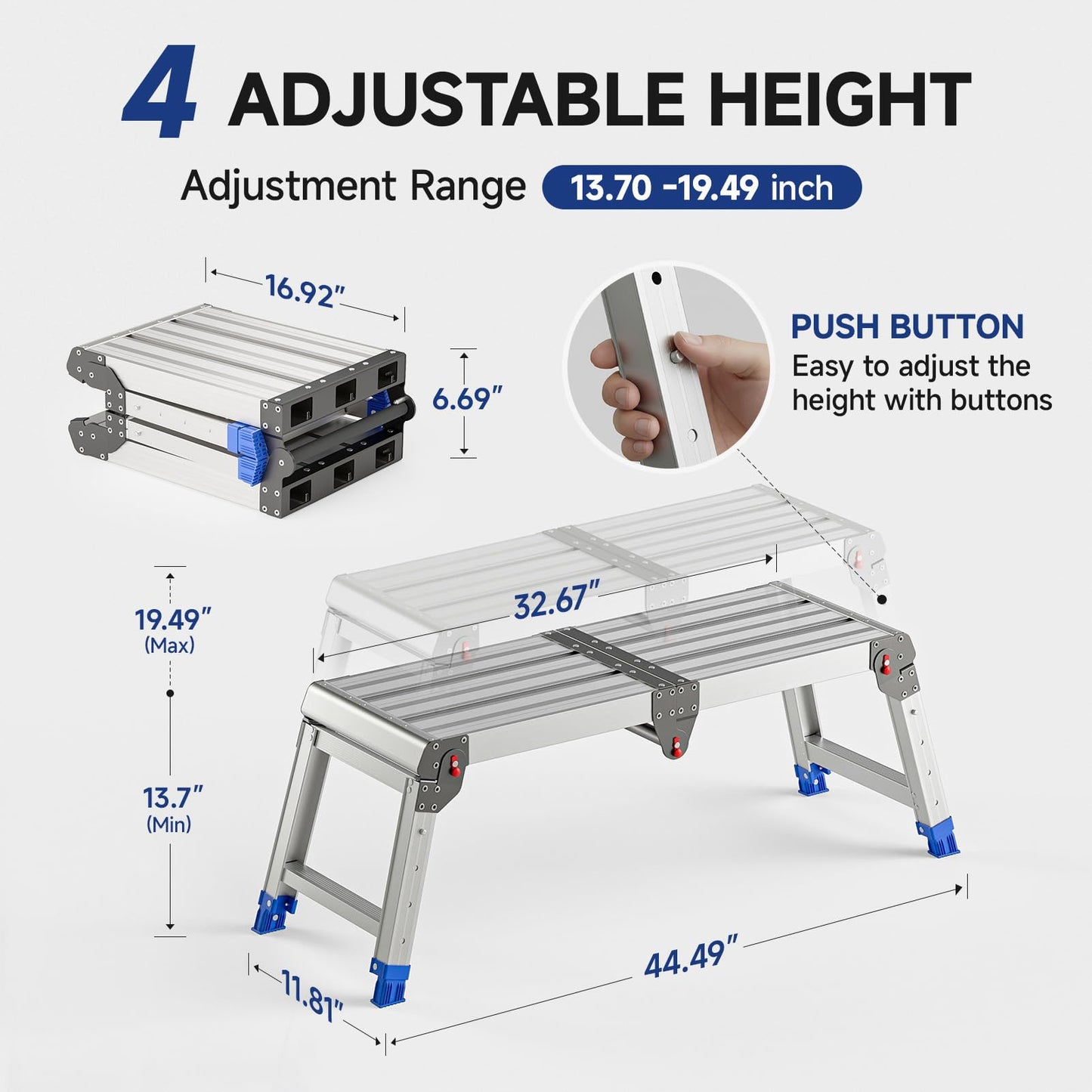 Loyoda Adjustable Folding Work Platform 500 lbs - Lightweight Aluminum Step Stool Ladder for Washing Vehicles, Cleaning, Painting, Reaching High Items | Standard Size 33" x 12" x 19.5”