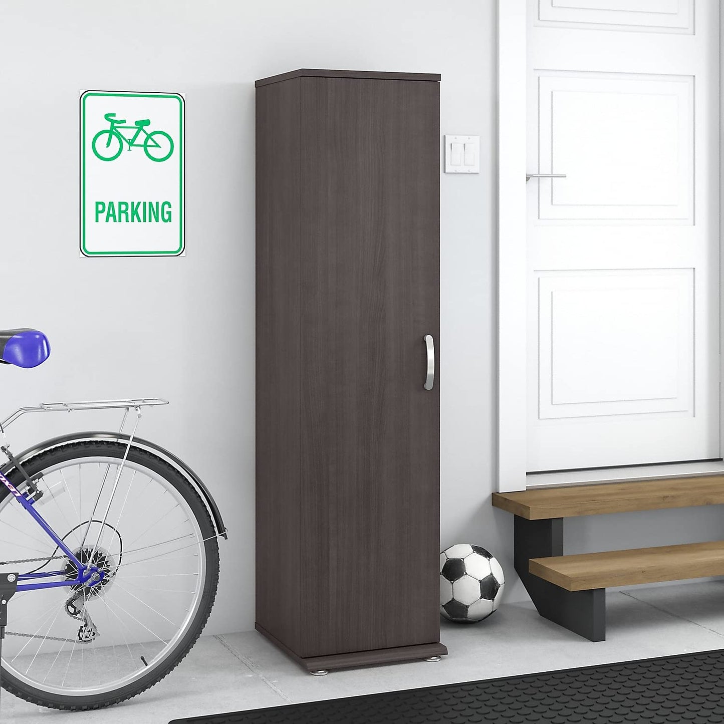 Bush Business Furniture Universal Tall Narrow Storage Cabinet with Door and Shelves in Storm Gray