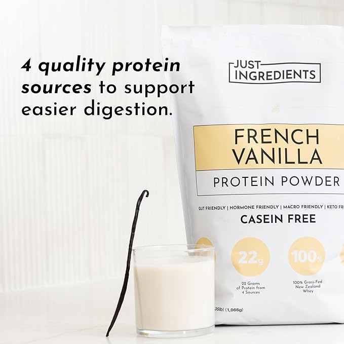 JUST INGREDIENTS French Vanilla Protein Powder ??30 Serving Bag ??Grass-Fed Whey & Plant Protein Blend with Real Vanilla Bean ??Sweetened with Coconut Sugar & Monk Fruit, Non-GMO, Gluten-Free