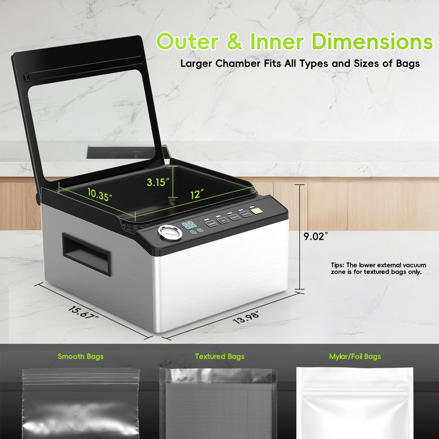 TIITSS Chamber Vacuum Sealer, 230W Powerful Vacuum Packing Machine with 6.8QT/6.4L Large Chamber and 12-inch Seal Bar for Meats, Soups, Sauces and Liquids, Ideal for Home and Commercial Use