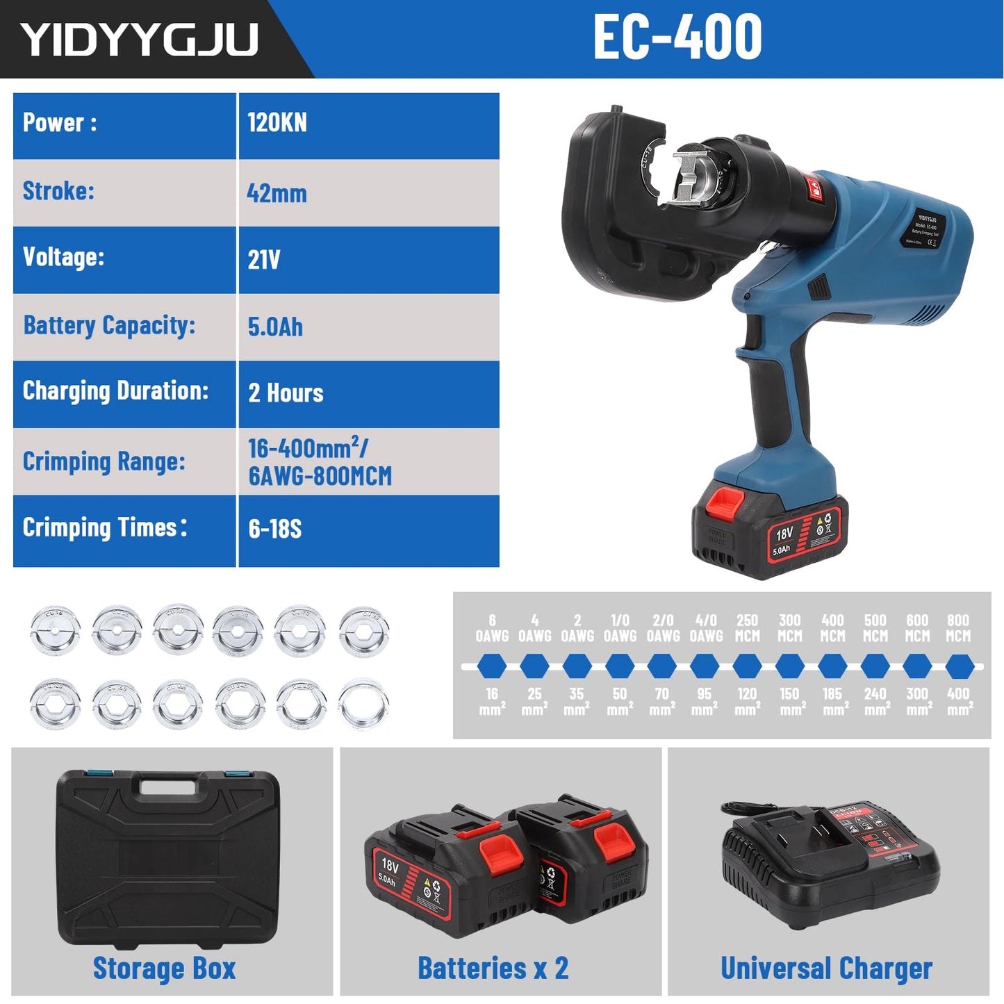 Hydraulic Crimping Tool 12TON Battery Powered 120KN 21V Lithium-Ion 360° Rotating Head for Confined Spaces 3-6 Sec Fast Crimping 6AWG-800MCM with 12 Dies