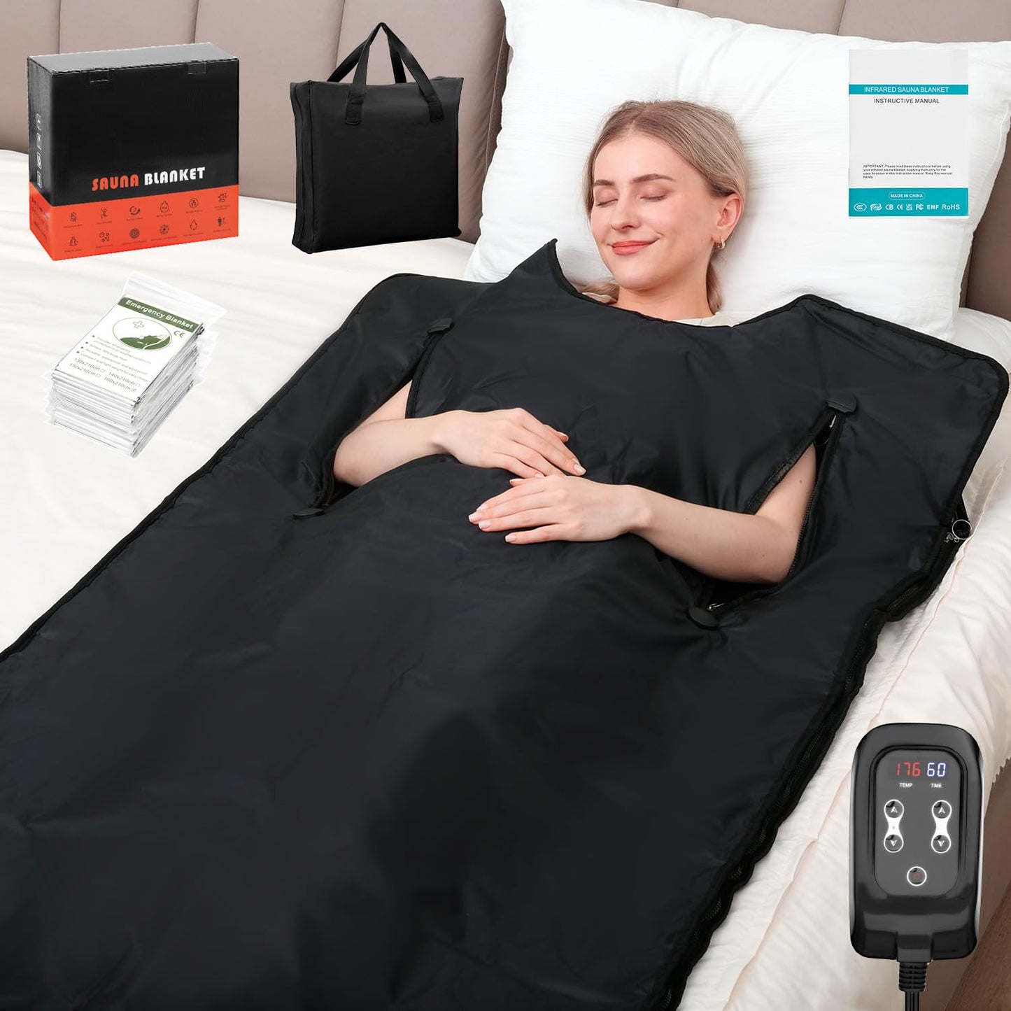 yamxun Infrared Sauna Blanket for Home: Extra Large Portable Sauna Blanket withFull Body Detox Wrap & Deep Heat Relaxation - Adjustable 86-176°F Far Infrared Therapy 20-60 Min Timer 74.8 x 35.5Inch
