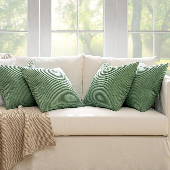 MIULEE Boho Farmhouse Throw Pillow Covers 18x18 Inch Set of 4 Mordern Nordic Cushion Covers Soft Corduroy Spring Home Decor for Couch Bed Sofa Living Room Sage Green