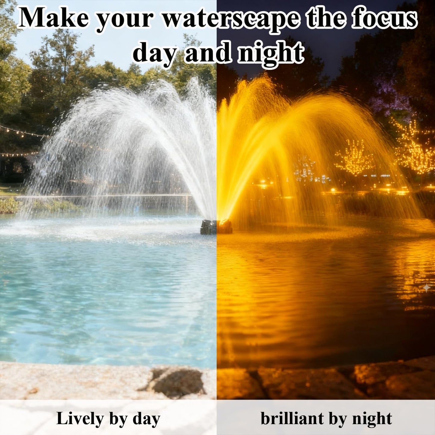 Pond Fountain Aerator with Lights, 1 HP with Dynamic RGB Lighting, Adjustable Modes, Digital Timer, for Large Ponds, Lakes & Outdoor Water Features, 15,000 GPH, 750W 110V, 100FT Cord