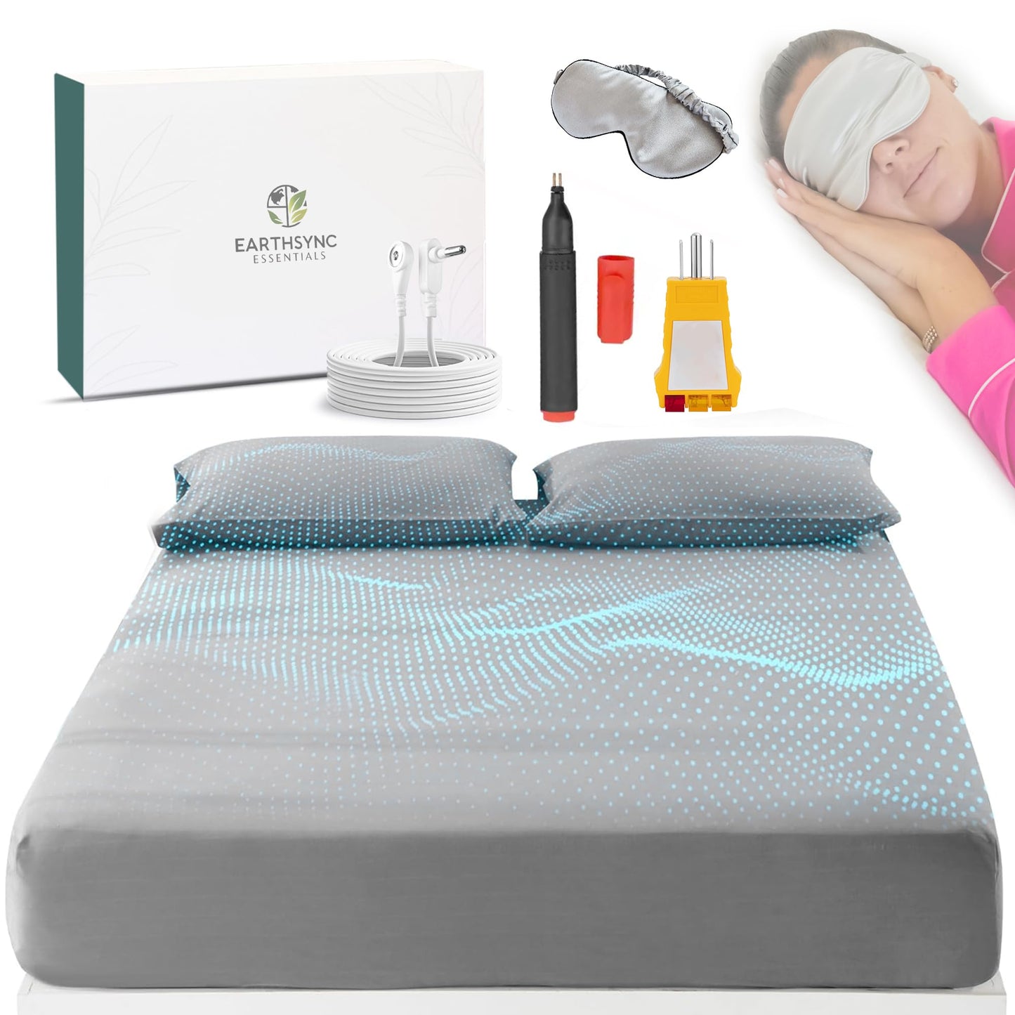 Earthsync Essentials Bare Earth Grounding Sheets King Size | Woven 10% Silver Fiber, Soft 400TC Cotton Earthing Sheets | 15ft Cord, Outlet Tester, Conductivity Pen & Silk Eye Mask (Grey)