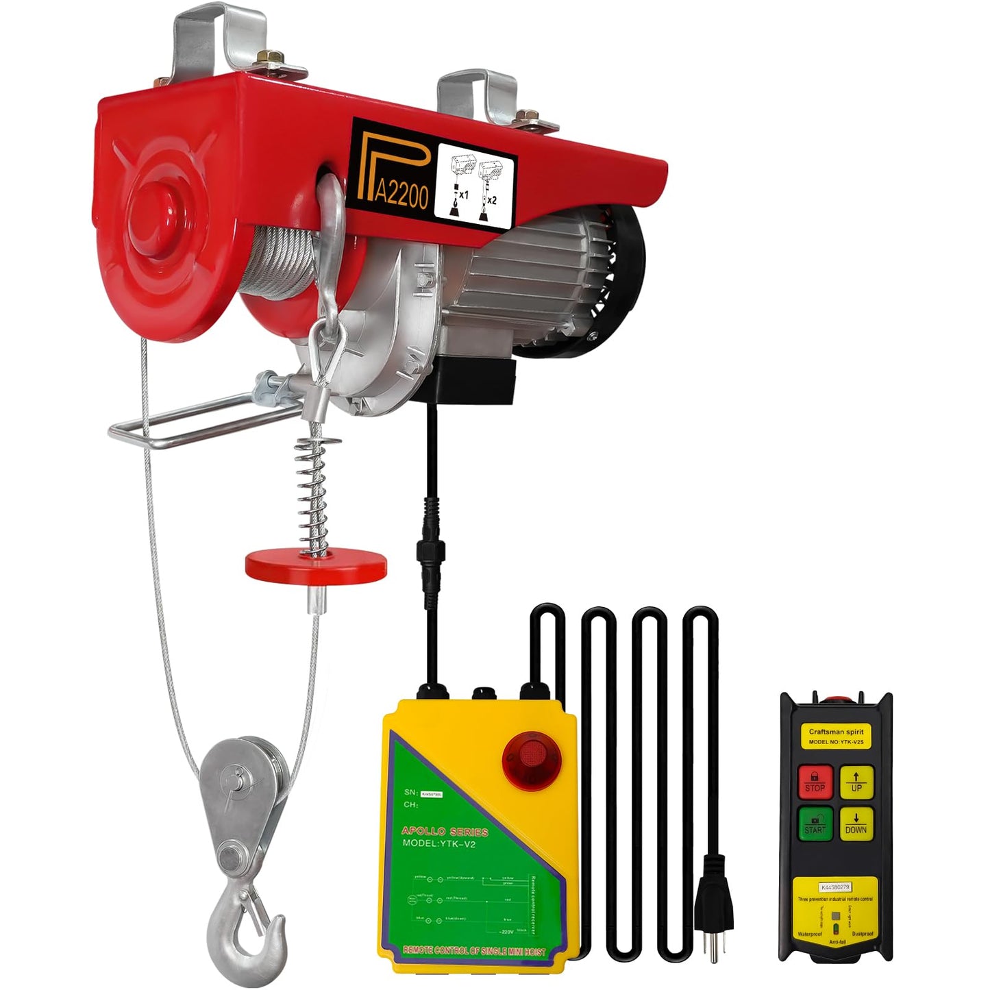 FITHOIST Electri Hoist,2200lbs 110V Electric Steel Wire Winch with Wireless Remote Control,Electric Winch Single/Double Slings with Emergency Stop,for Garage, Warehouses, Factories