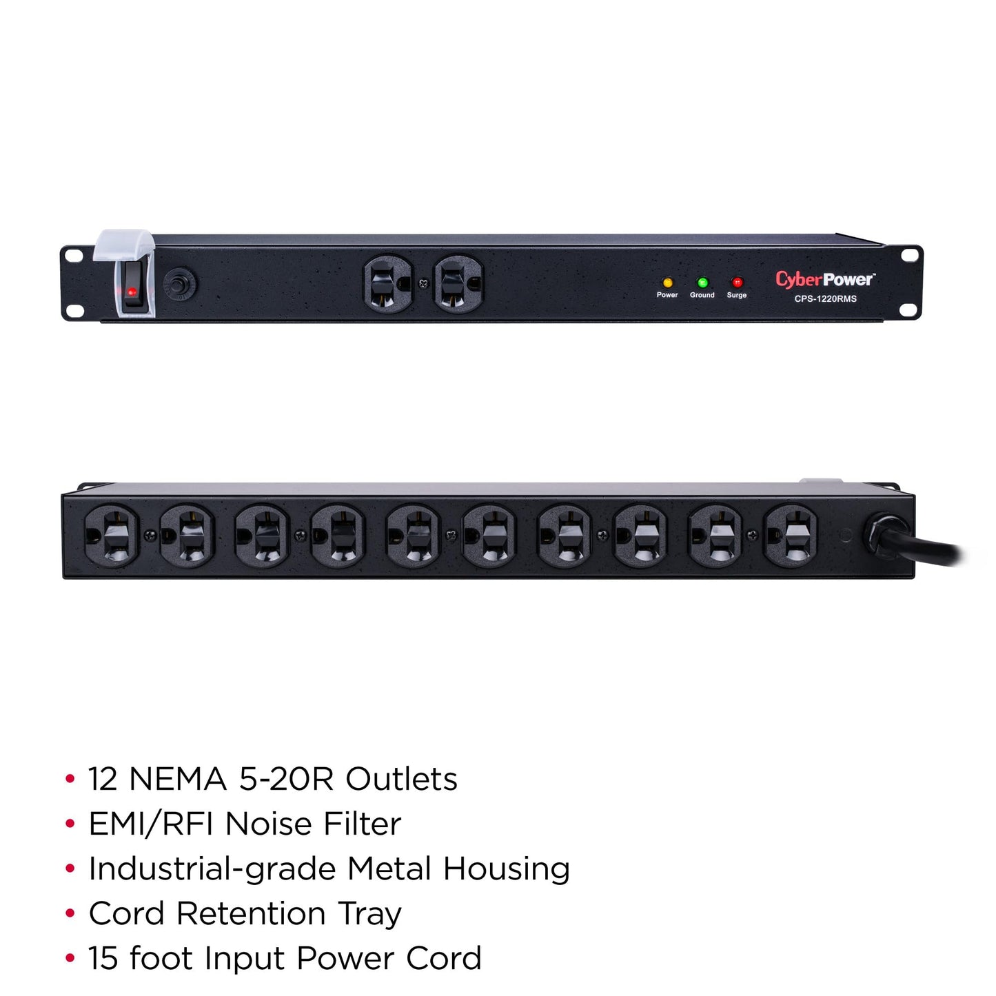 CyberPower CPS1220RMS Surge Protector, 120V/20A, 12 Outlets, 15ft Power Cord, 1U Rackmount