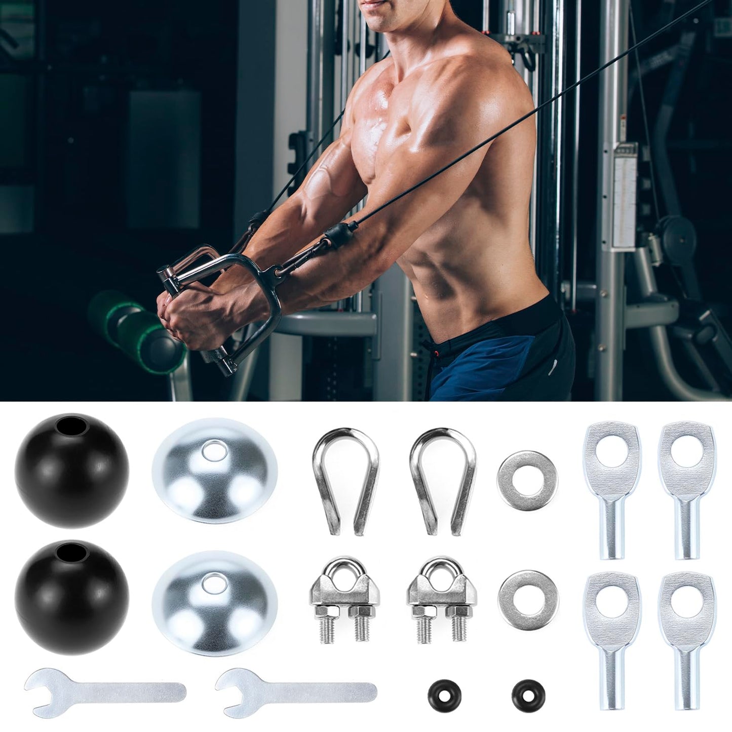 QWORK Gym Machine Cable Accessories Set - 5mm Cable Ball Stopper, Bowl-Shape Plate, Eyelet Terminal, Wire Rope Clamp, and Thimble