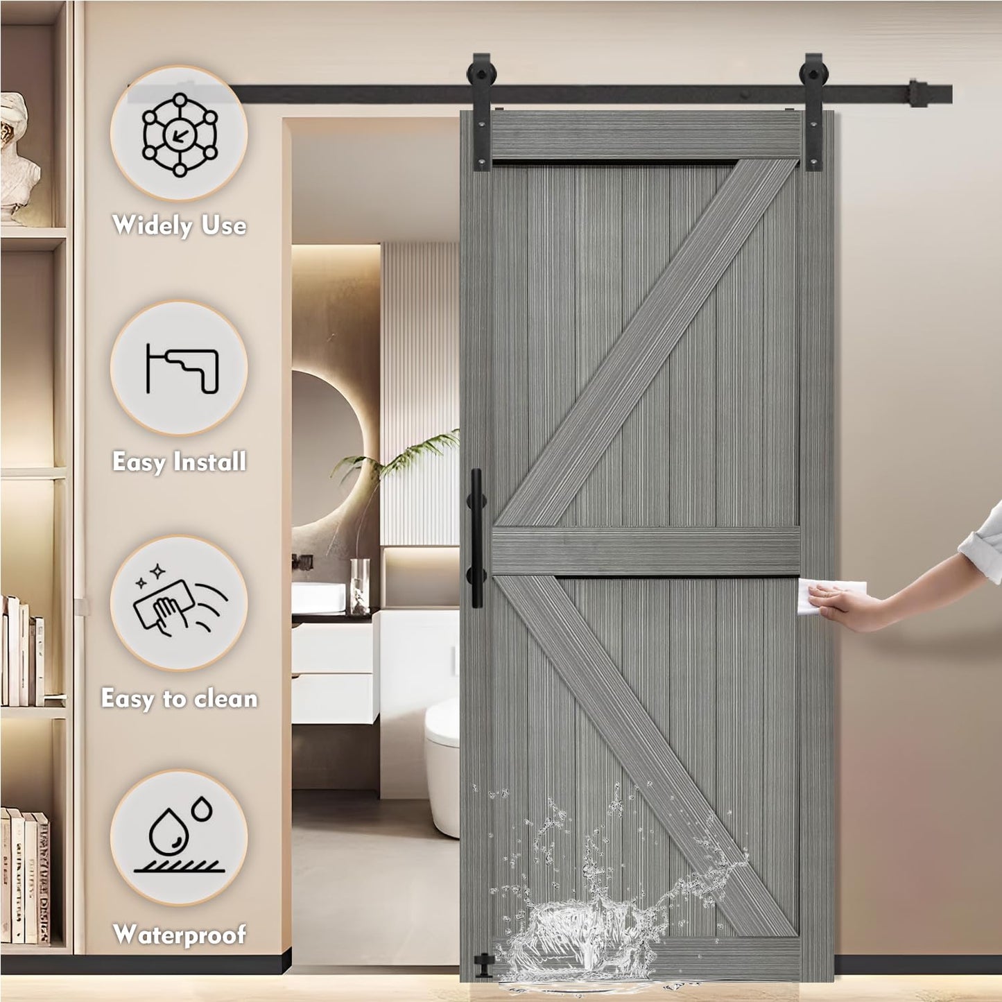 S&Z TOPHAND 36in x 84in MDF Elephant Gray Barn Door with 6.6FT Sliding Hardware Kit, Solid Barn Door Slab Covered with Water-Proof PVC Surface/Simple Assembly is Required
