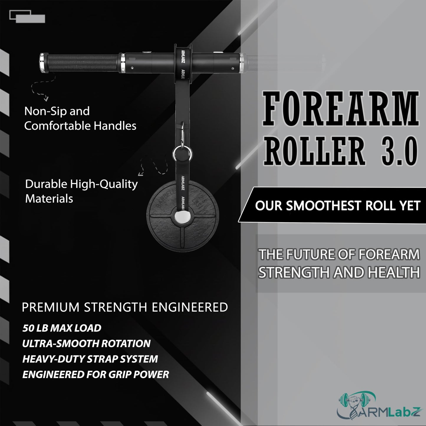 ArmLabz Forearm Roller 3.0 Premium Wrist Roller and Forearm Strengthener, Grip Strength Trainer and Hand Exerciser, Quick Reset, One Arm Use, Metal Core, Heavy-Duty Strap
