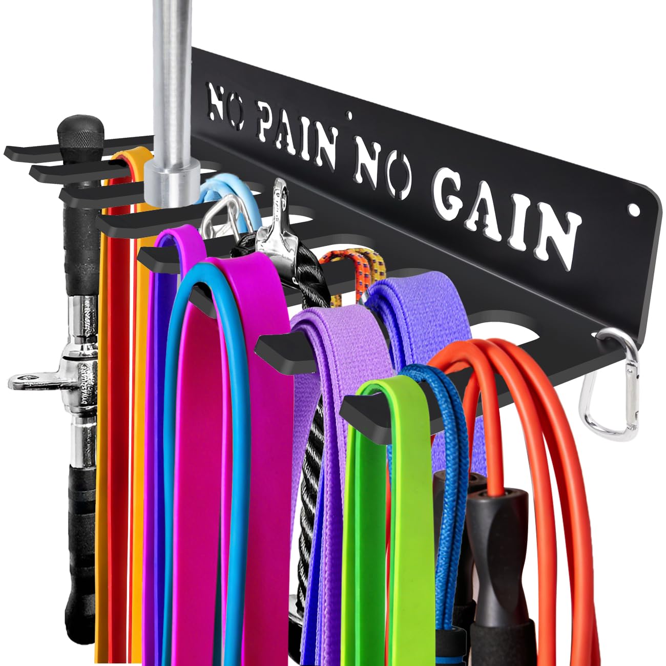 Gym Home Rack 8 Hook Heavy-Duty Wall-mounted Organizer Multi-Purpose Workout Gear Wall Hanger Storage for Resistance Bands Jump Ropes Lifting Belt Fitness Bands Barbells Carabiners Included (NO PAIN NO GAIN)