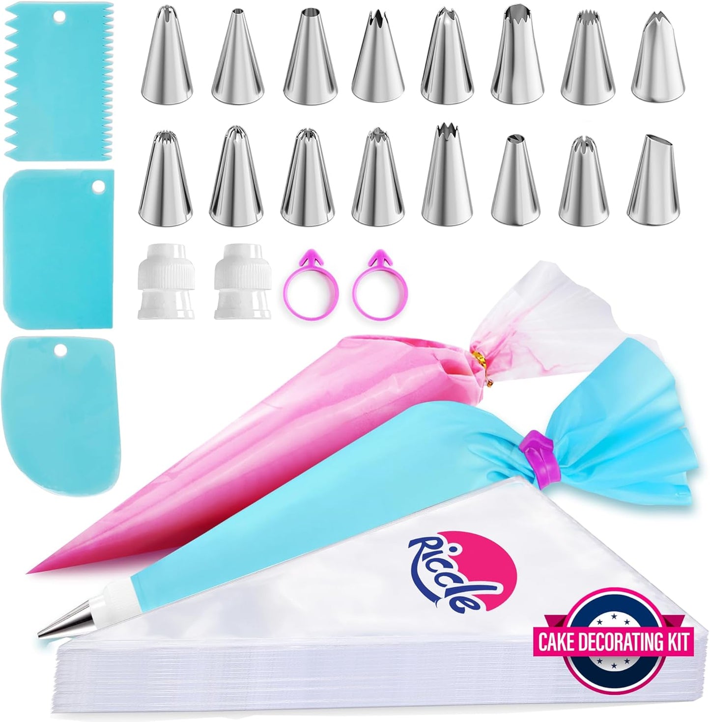 Riccle Piping Bags Set - 124 Pcs Cake Decorating Kit with 16 Tips, Reusable Pastry Bags & Scrapers