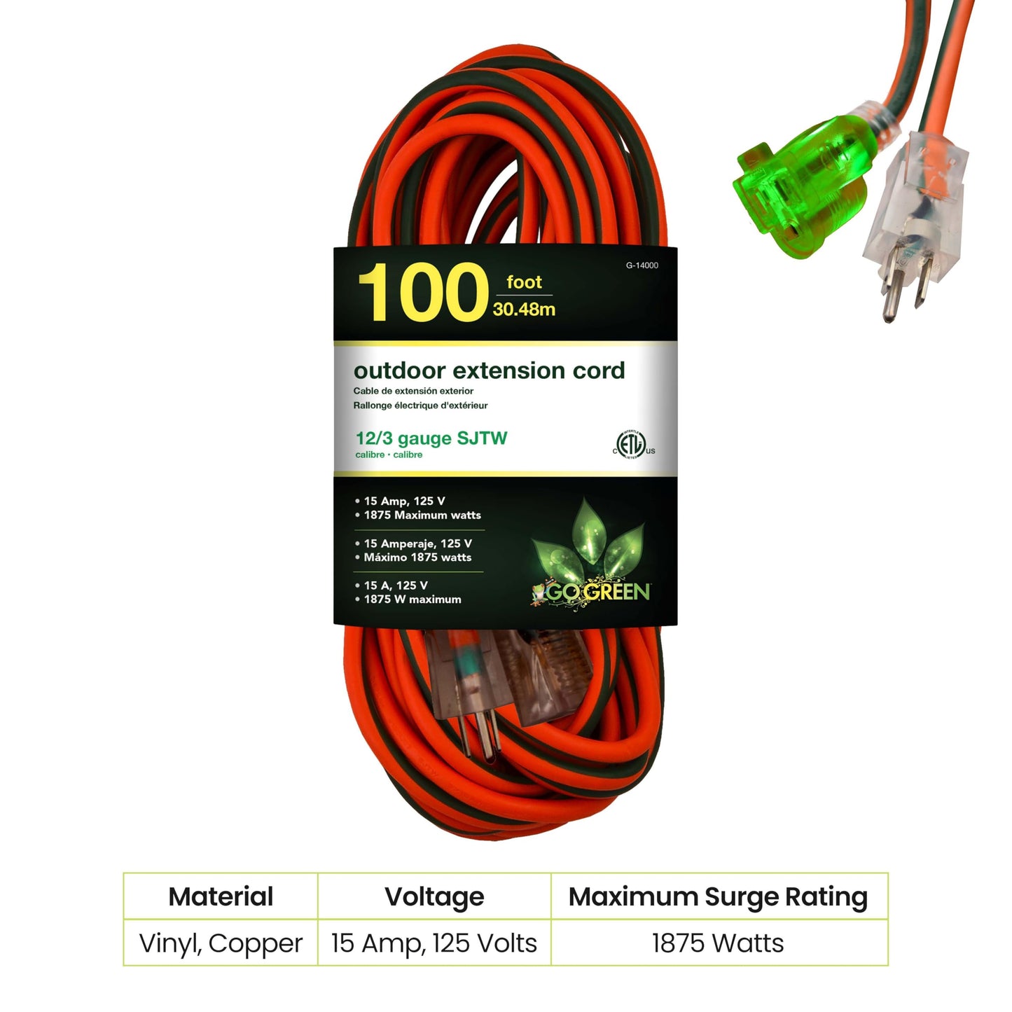 Go Green Power Inc. (G-14000) 12/3 SJTW Outdoor Extension Cord, Lighted End, Orange, 100 ft
