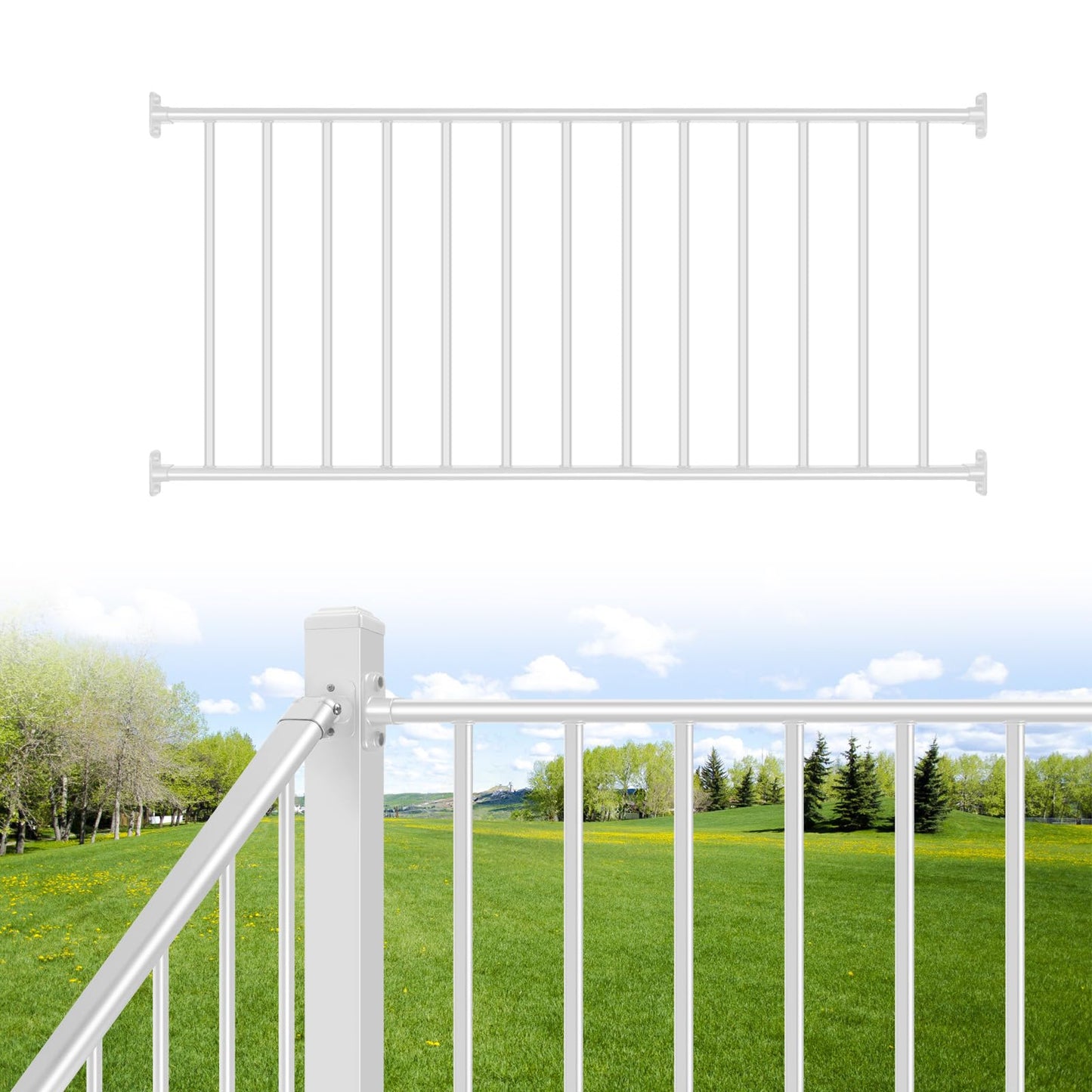 SunCrafts Heavy Duty Steel Deck Railing System, 38 in. H x 6 ft. W Galvanized Guardrail Deck Railing Kit with White Powder-Coated Finish for Outdoor Decks, Porches & Balconies