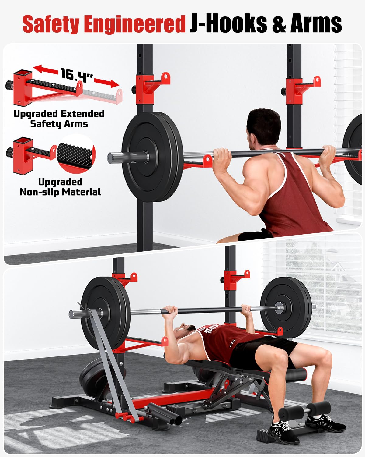 YOLEO Squat Rack with Adjustable Pull-Up Bar & Extended Safety Arms, Multi-Functional Power Racks Squat Stand for Home Gym, Garage & Basement, 35"-67" Width, Fixed 83” Frame Height, Pull-Up Bar Height 71.5"-80.5", Fits 6FT & 7FT Barbells
