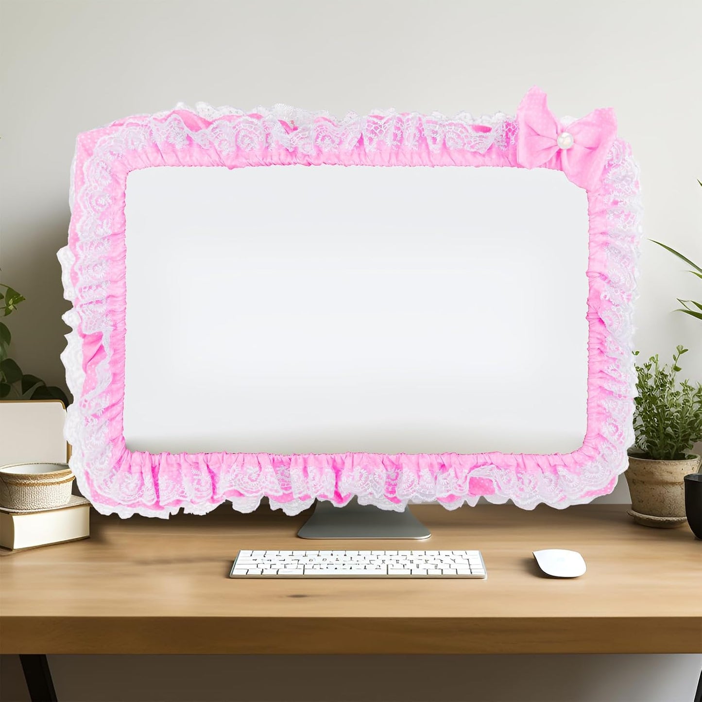 23"-27" Lovely Cute Computer Monitor Cover with Lovely Cute Elastic Pen Pocket Bow-knot TV LCD Screen Monitor