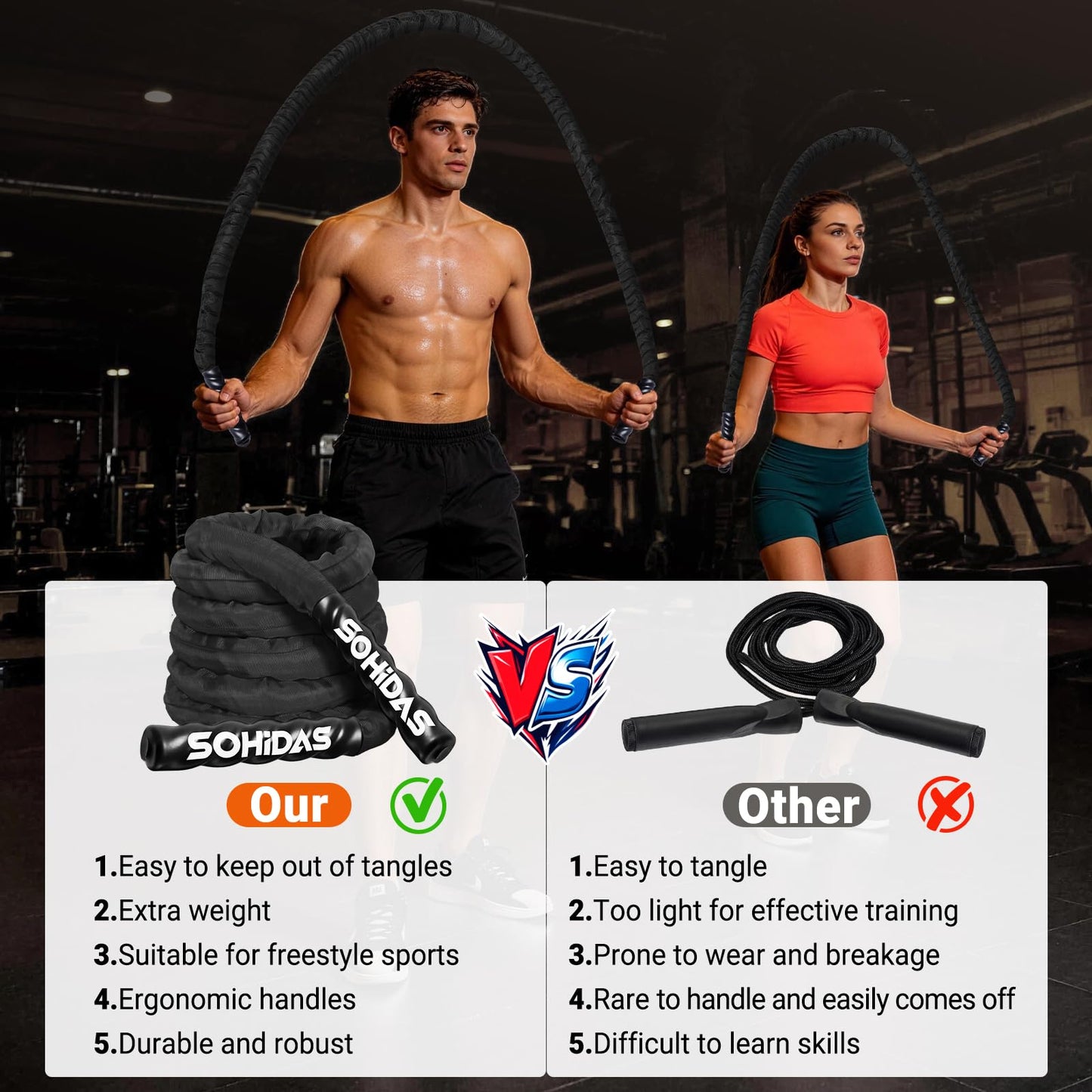 SOHIDAS Weighted Jump Rope for Men Women, 3.68LB Adult Jump Ropes for Fitness Heavy Skipping Rope, Jumping Rope for Training Muscle Speed Home Gym Workout Equipment Exercise Jumpropes Weight Loss