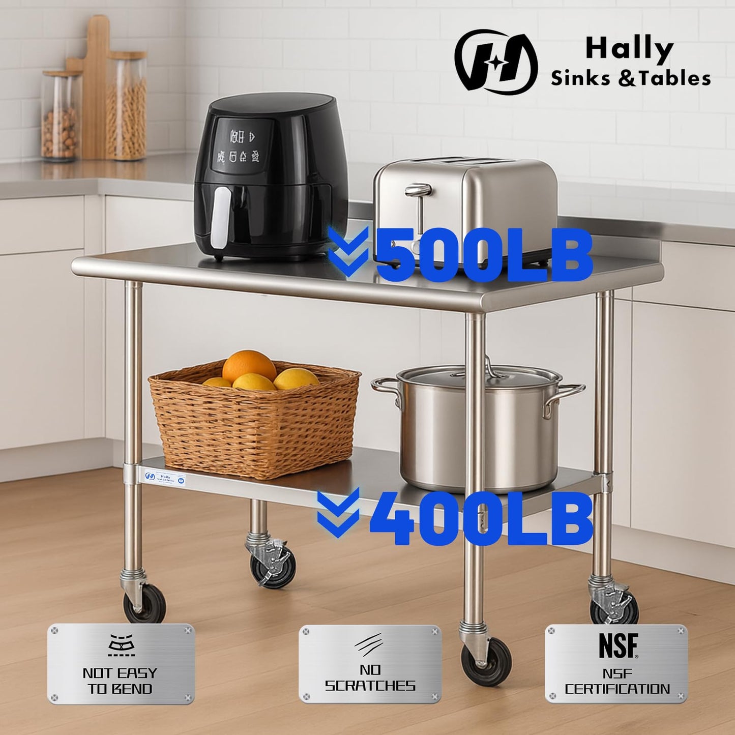 Hally Stainless Steel Table for Prep & Work 24 x 60 Inches with Caster Wheels, NSF Commercial Heavy Duty Table with Undershelf and Backsplash for Restaurant, Home and Hotel