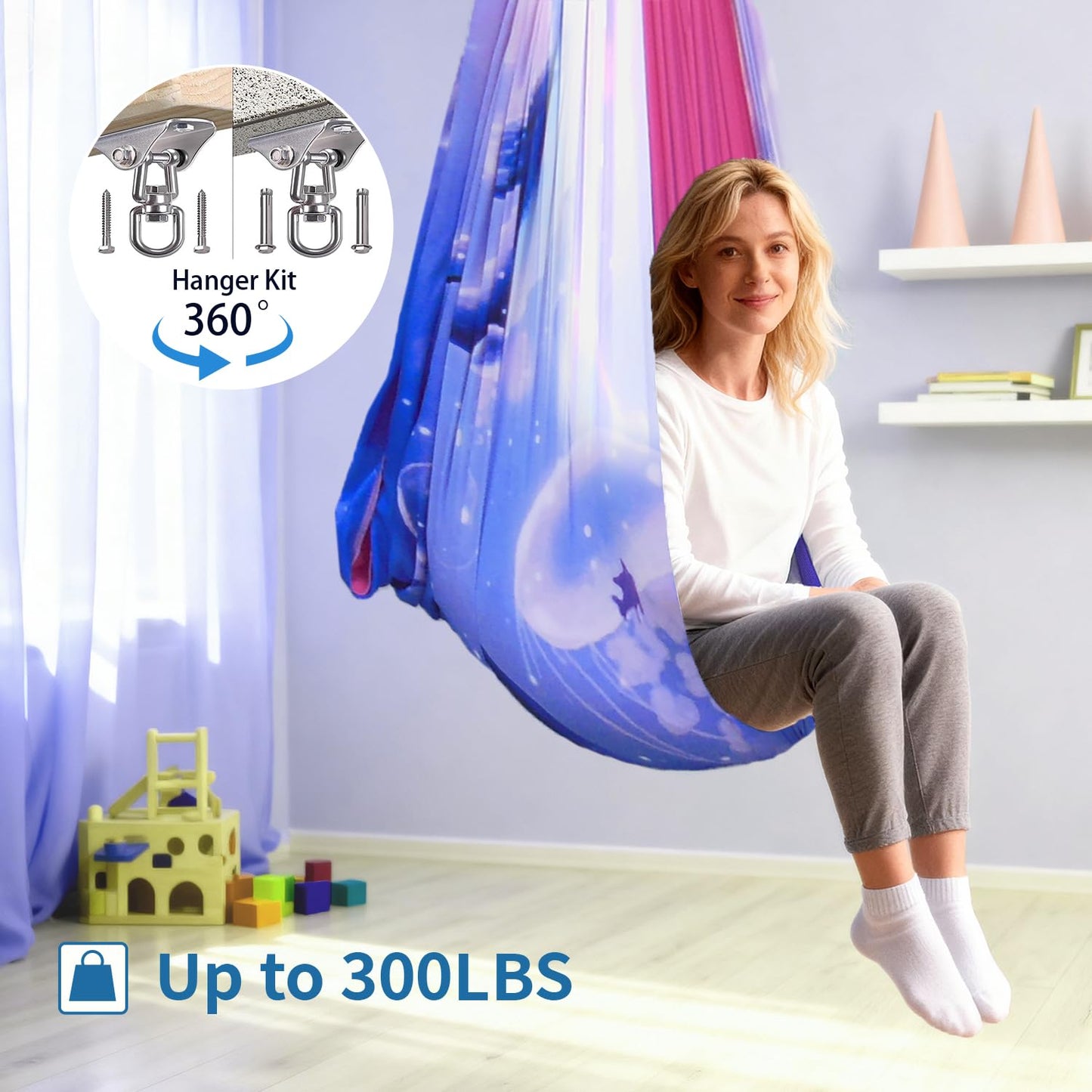 Sensory Swing for Kids & Adults with 360° Swivel Hanger Kit, Double Layer Elastic Therapy Swing Holds up to 300lbs for Autism, ADHD,Aspergers, and SPD (Blue PinkDolphin)