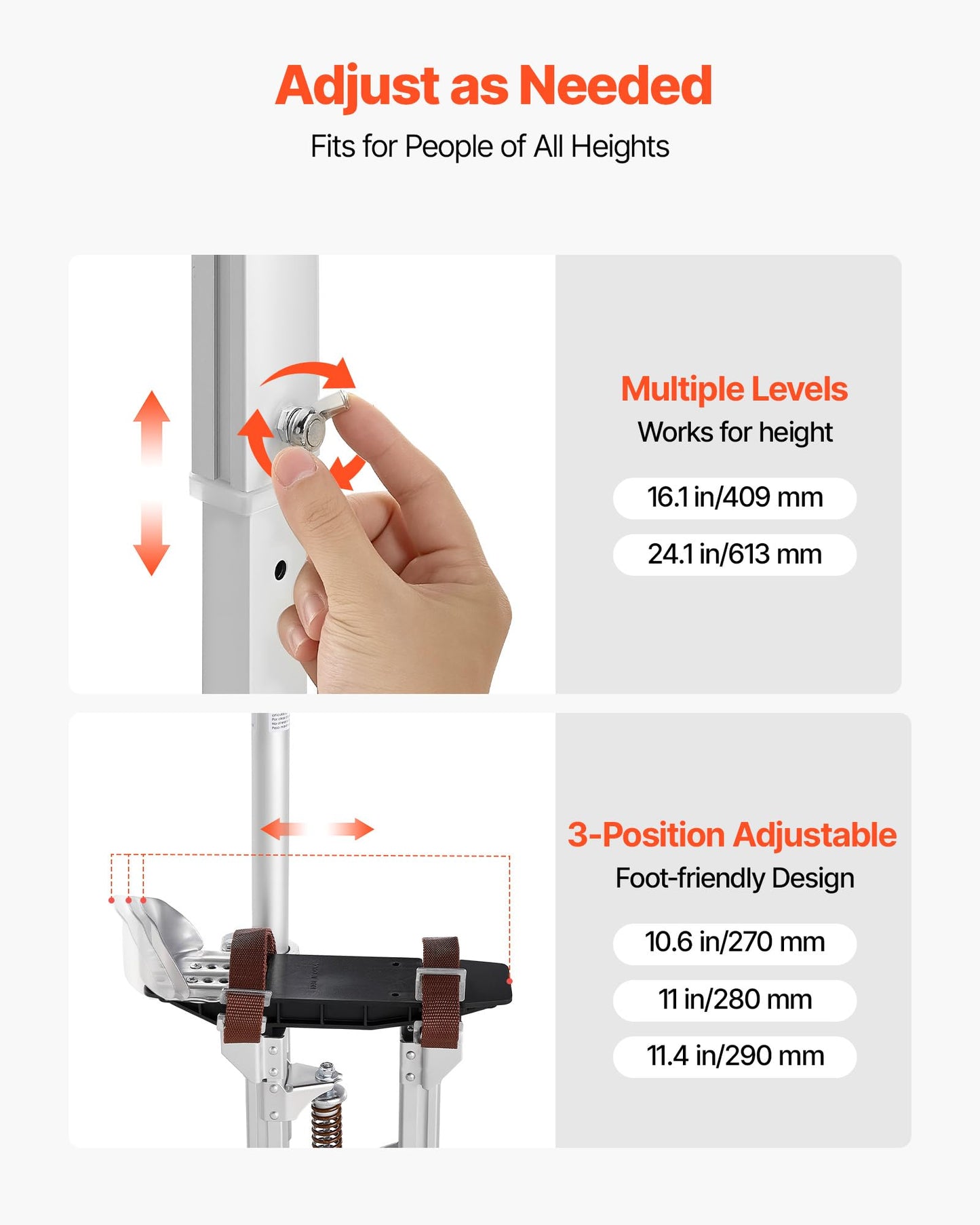 VEVOR Drywall Stilts, 16.1–24.1 in Adjustable Aluminum Painter Stilts, 228 lbs Load Capacity, Non-Slip Rubber Feet, Dual Spring Shock Absorption, Comfortable Leg Straps for Painting, Decoration,Silver