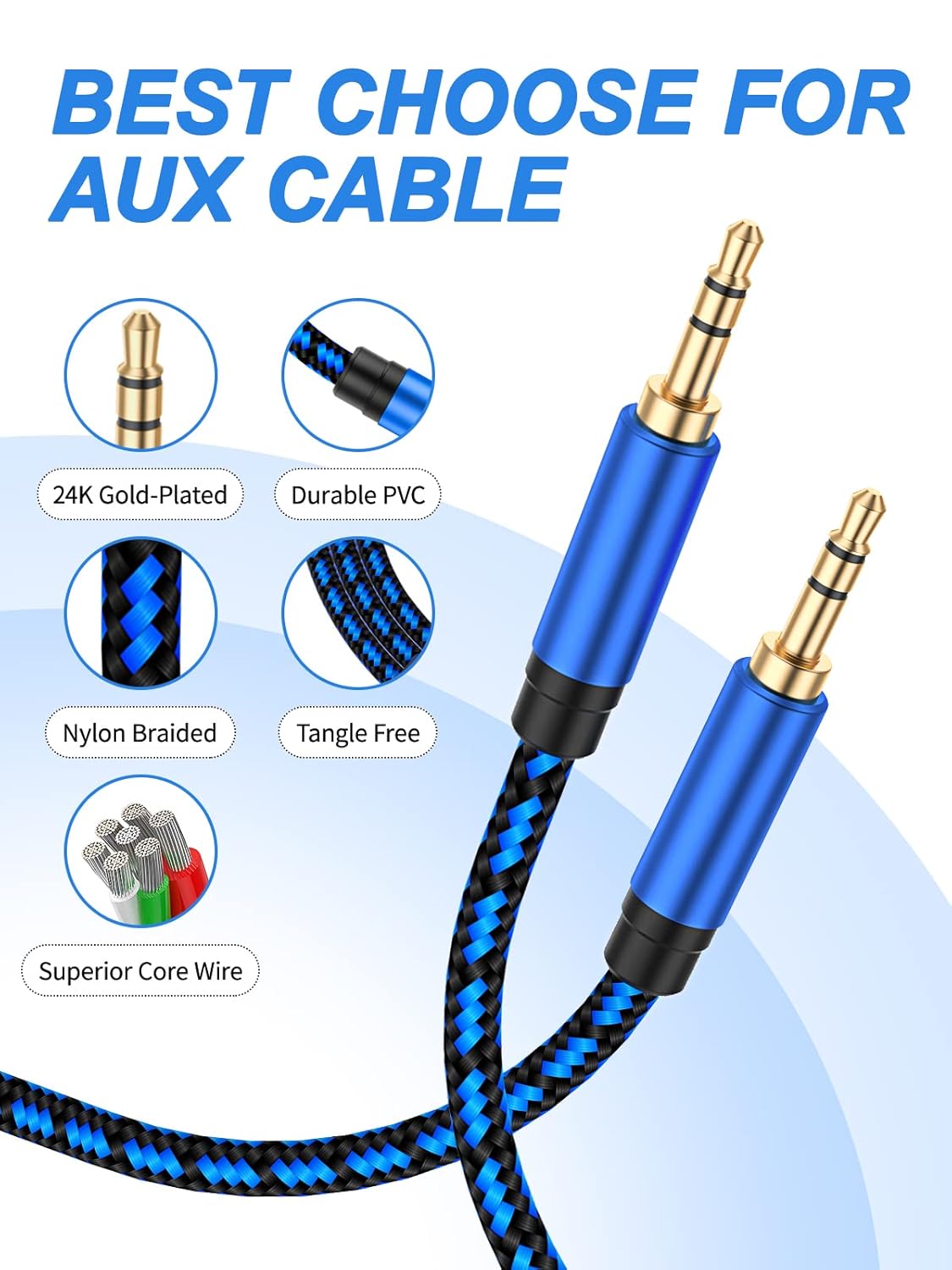 3 3.5mm ft Aux Cord - Audio Cable Compatible with Car Stereo, Nylon Braided Auxiliary Wire for Speaker, Smartphone