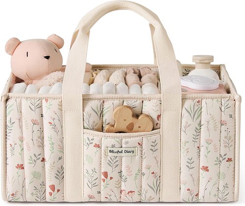 Blissful Diary Floral Diaper Caddy Organizer - Stylish Nursery Storage Basket for Newborn Essentials | Floral Beige