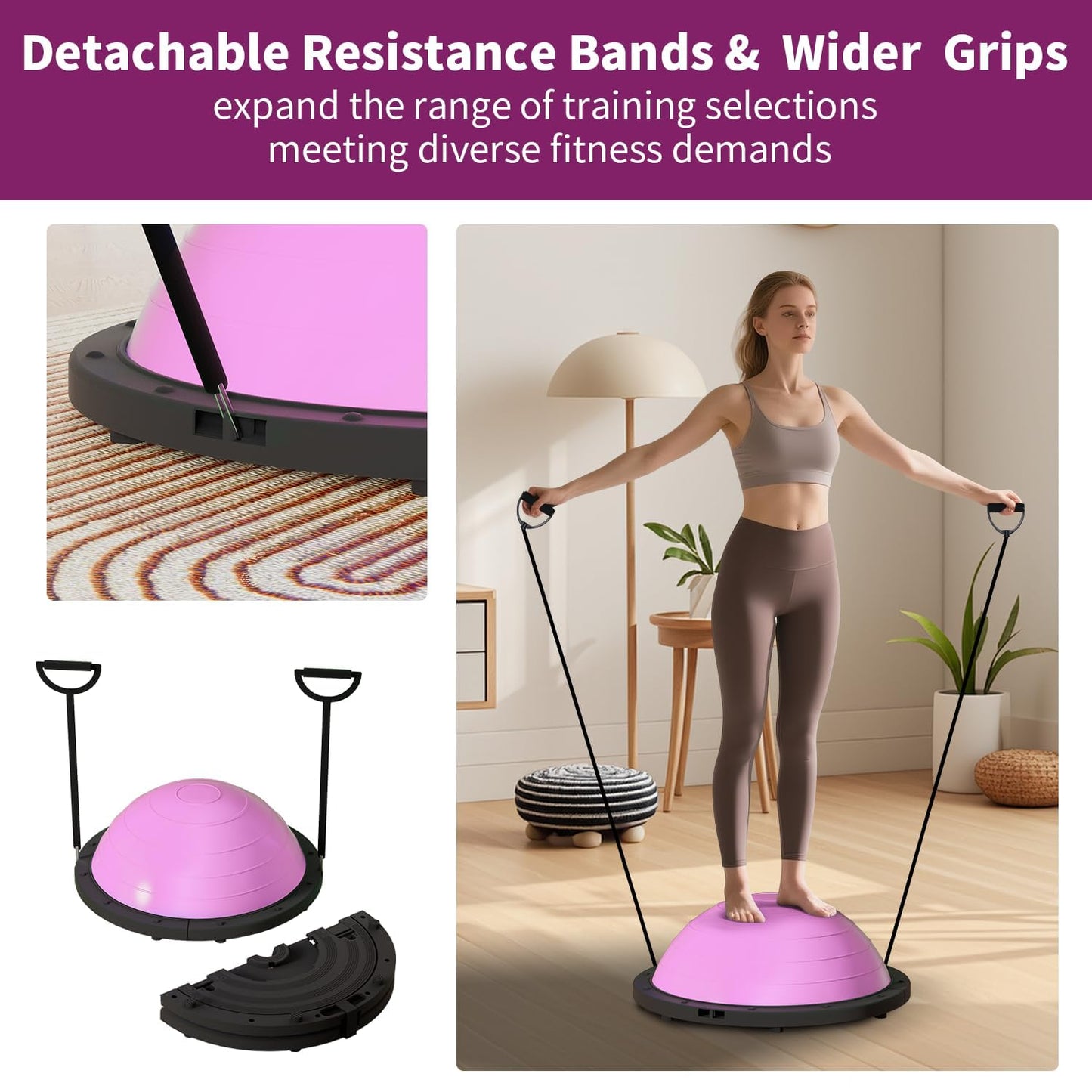 VTORY Foldable Balance Ball, Upgrate Half Ball Balance Trainer for Workout, 1300 lbs Capacity Stability Ball, 23.5 Inch Yoga Half Ball, with Resistant Band & Foot Pump, Full Body Workout, No-Slip Pink