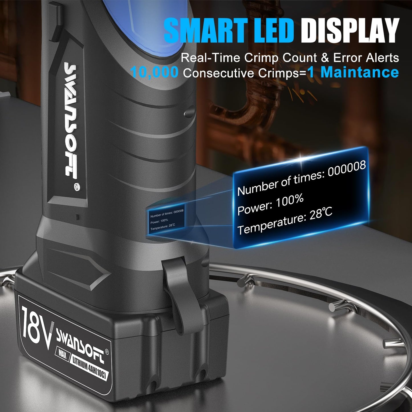 SWANSOFT Pro Press Tool, 18V 4Ah Battery Electric Hydraulic Crimping Tool for Copper Pipes with 3 US Compact VUS 1/2", 3/4'', 1",Jaws Pro Press Copper Plumbing Crimper Tool Kit(SWPR-12522B)