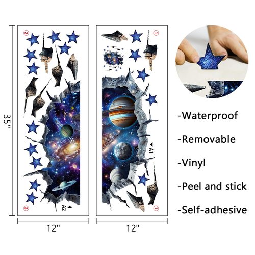 Mfault Outer Space 3D Broken Wall Decals Stickers, Universe Galaxy Planets Stars Nursery Decorations Kids Bedroom Art, Solar System Baby Boys Toddlers Playroom Home Decor