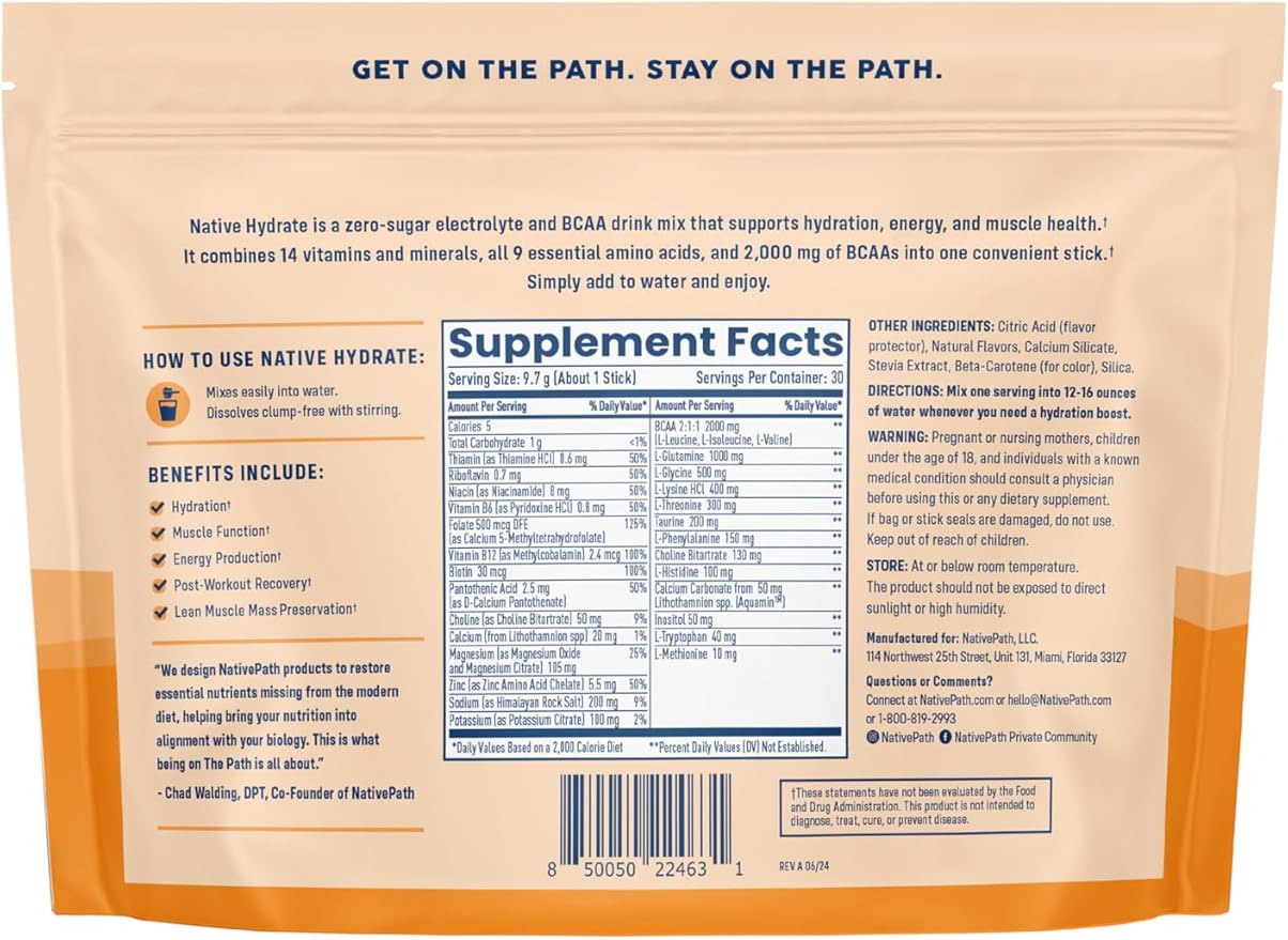 NativePath Native Hydrate Stick Packs, Sugar Free Electrolytes Powder with BCAAs, Tangerine Hydration, Keto & Paleo Friendly, 30 Servings