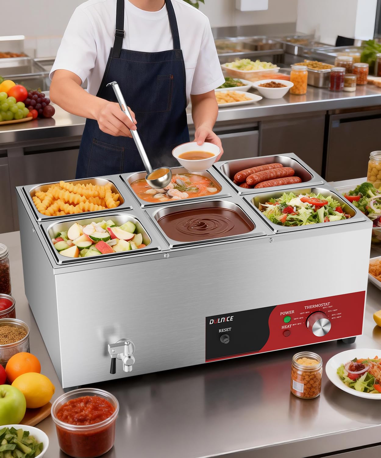 DULNICE 6-Pan Commercial Food Warmer, 1500W Stainless Steel Bain Marie with Anti-Dry Burn and Reset Button, Countertop Soup Warmer with Drain Tap, Soup Spoon for Buffet, Catering, Parties, Restaurants