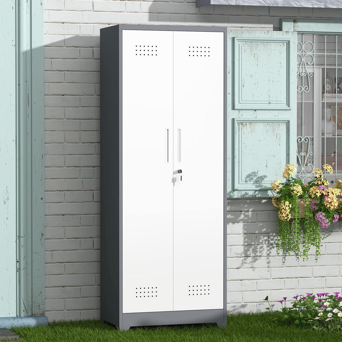 GREATMEET 65'' Garage Storage Cabinet, Broom Closet, Metal Utility Cabinet for Cleaning Supply with Pegboard, Lockable Doors, Adjustable Shelves for Garage, Home, Gray White